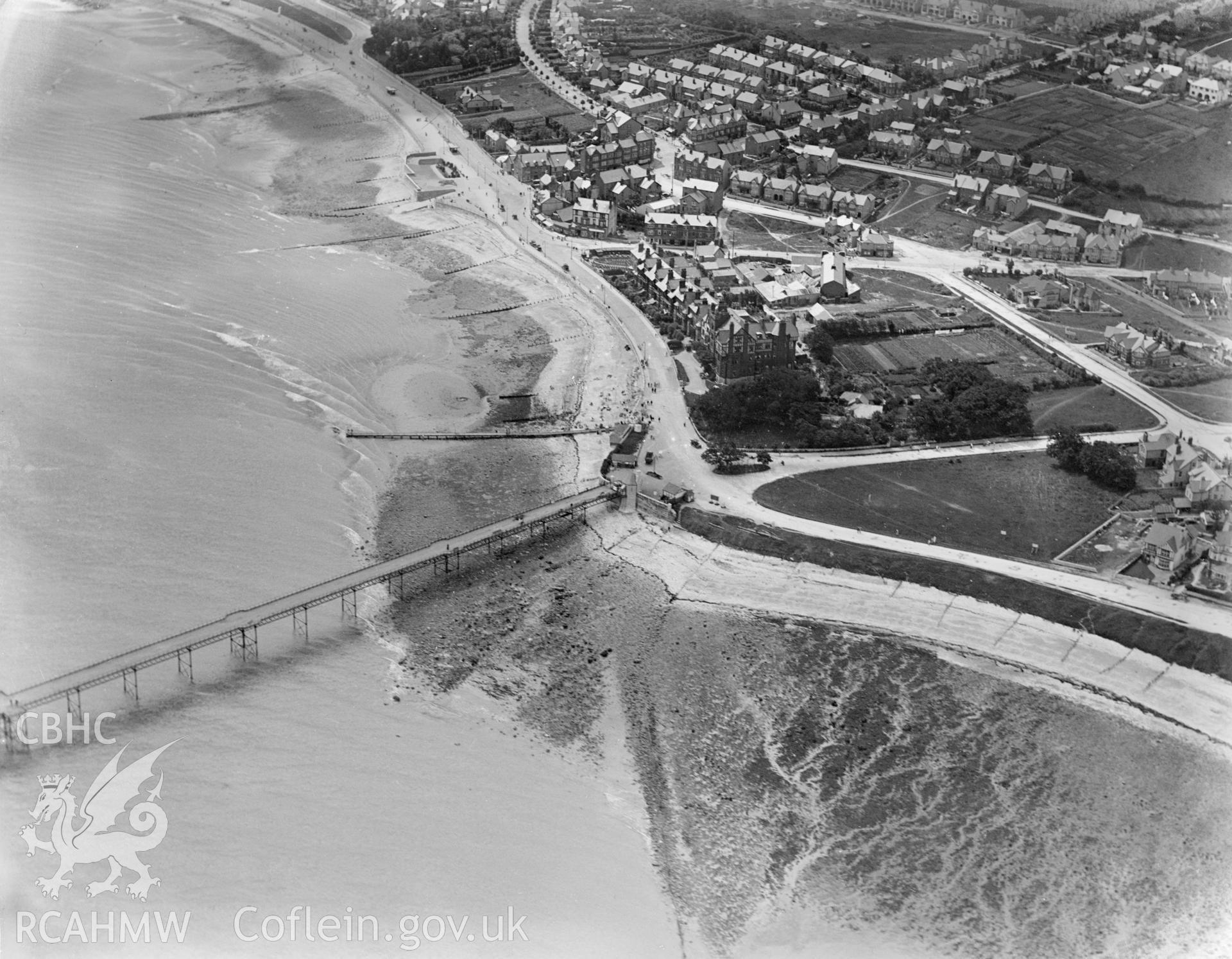 View of Rhos-on-Sea pier, oblique aerial view. 5?x4? black and white glass plate negative.