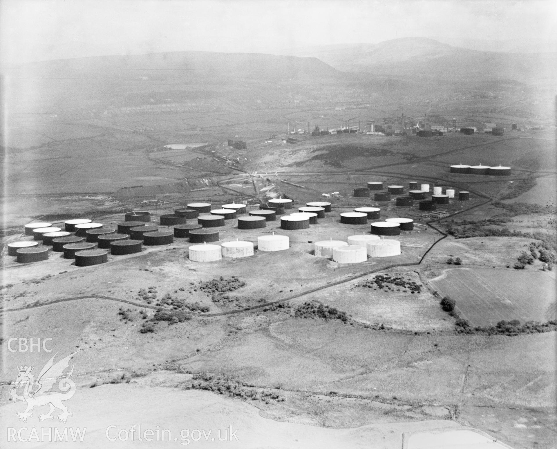 View of Anglo-Persion Oil Depot, Llandarcy, oblique aerial view. 5?x4? black and white glass plate negative.