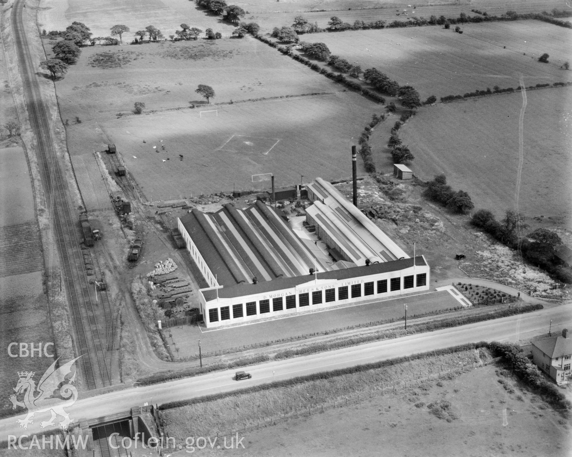 View of Morgan Rees & Sons wire ropeworks, Whitchurch. Oblique aerial photograph, 5?x4? BW glass plate.