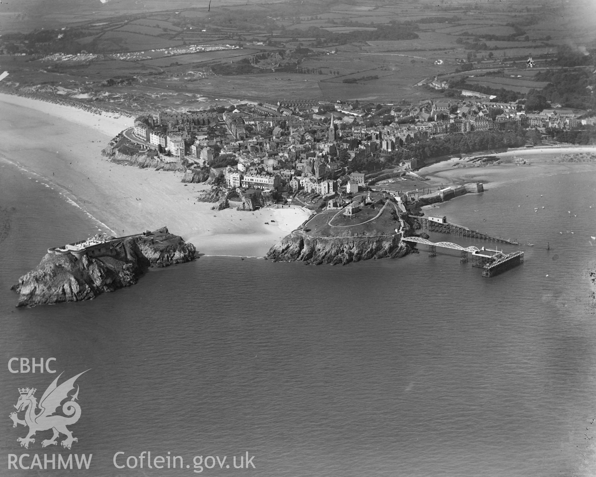 View of Tenby, oblique aerial view. 5?x4? black and white glass plate negative.