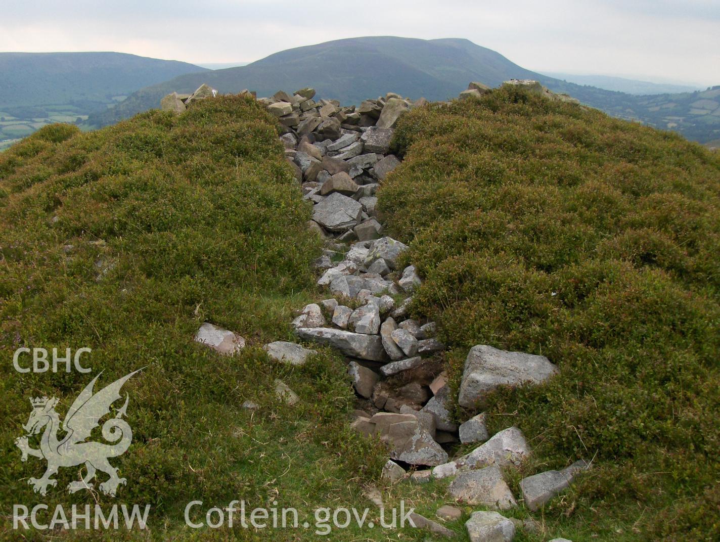 Digital colour photograph of Pentwynglas cairn taken on 21/08/2007 by N.A.R. Vaughan during the Black Mountain Central South Upland Survey undertaken by Archaeophysica.