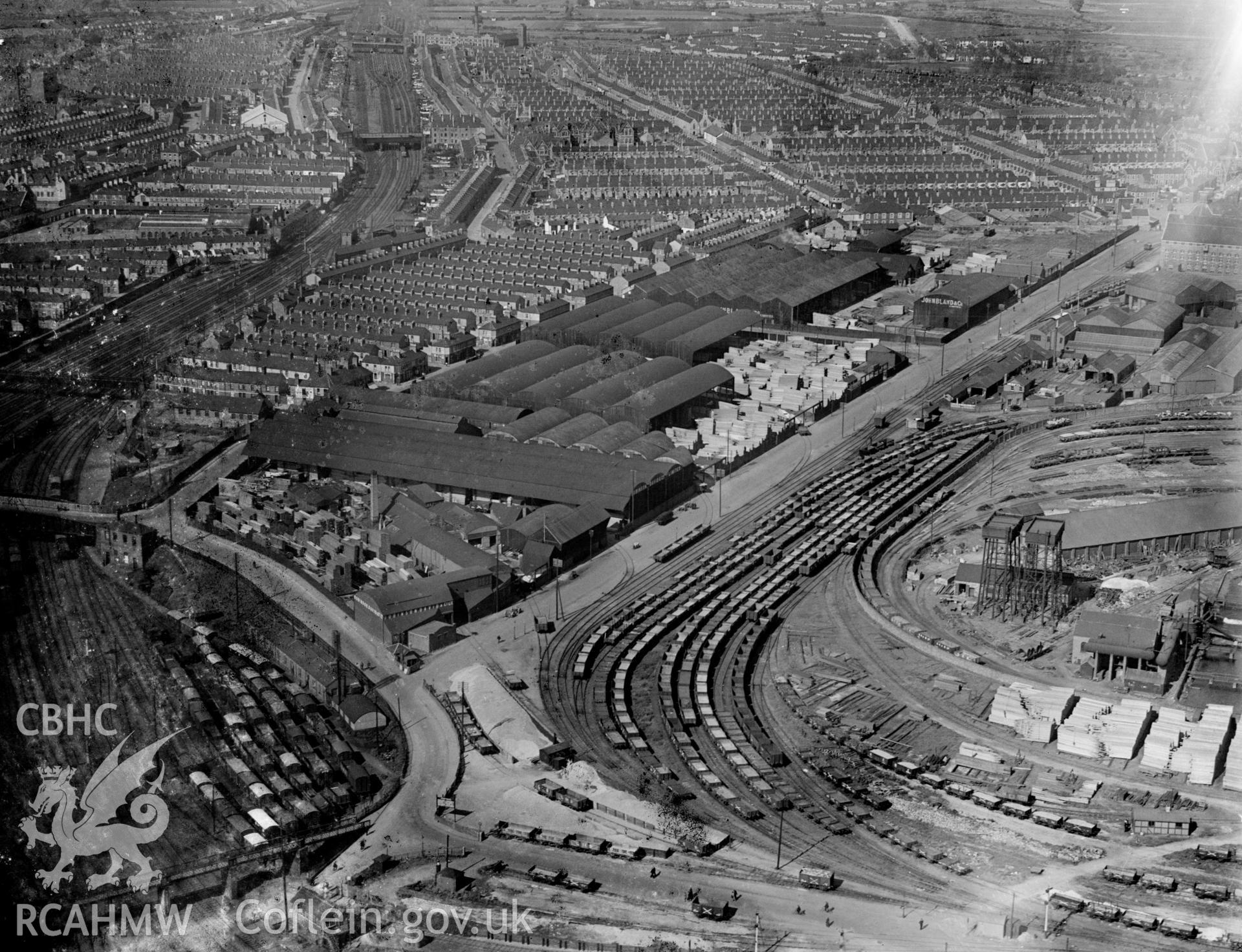 View of Robinson David timber company, Splott, Cardiff, oblique aerial view. 5?x4? black and white glass plate negative.