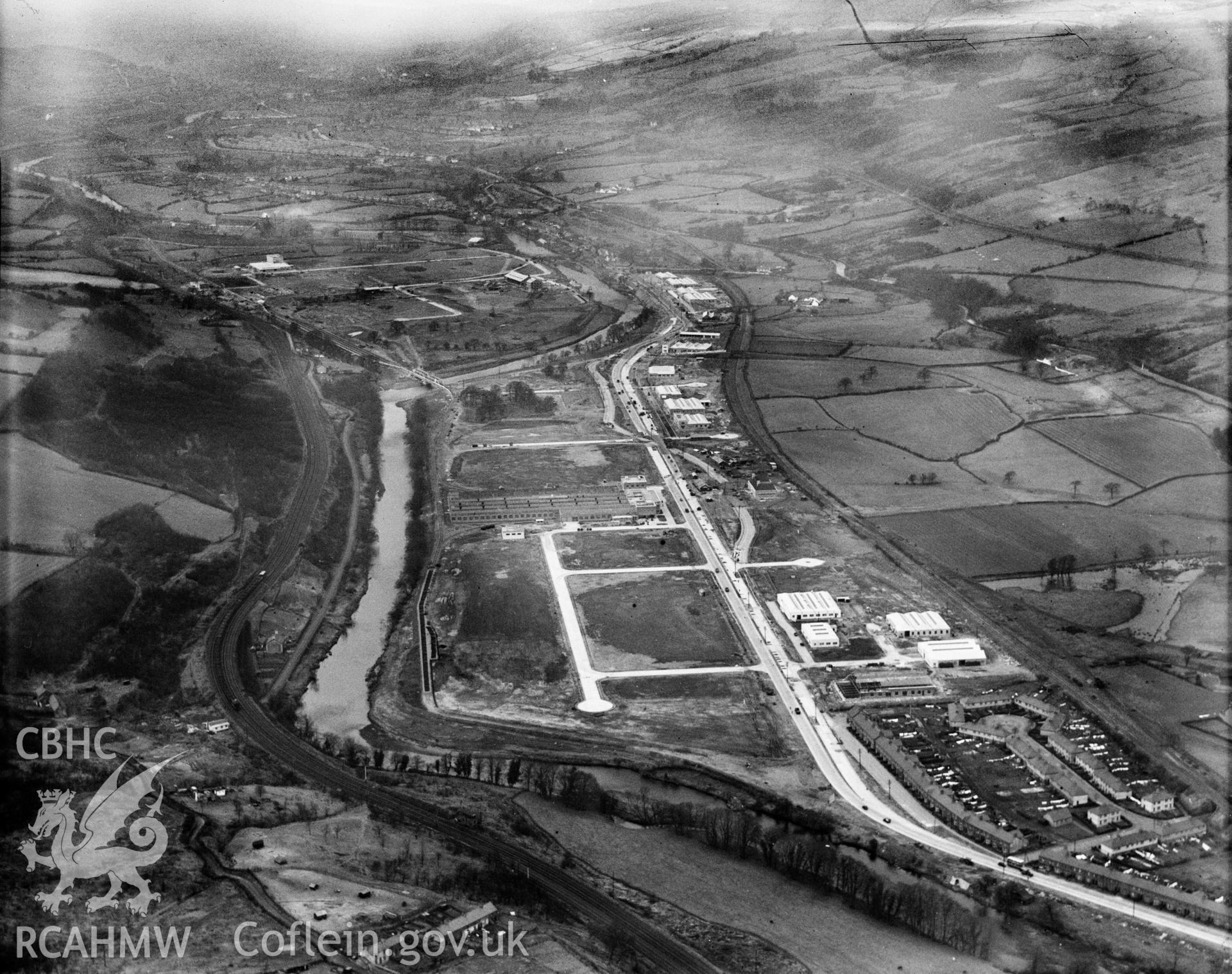 View of the Treforest trading estate under construction, oblique aerial view. 5?x4? black and white glass plate negative.