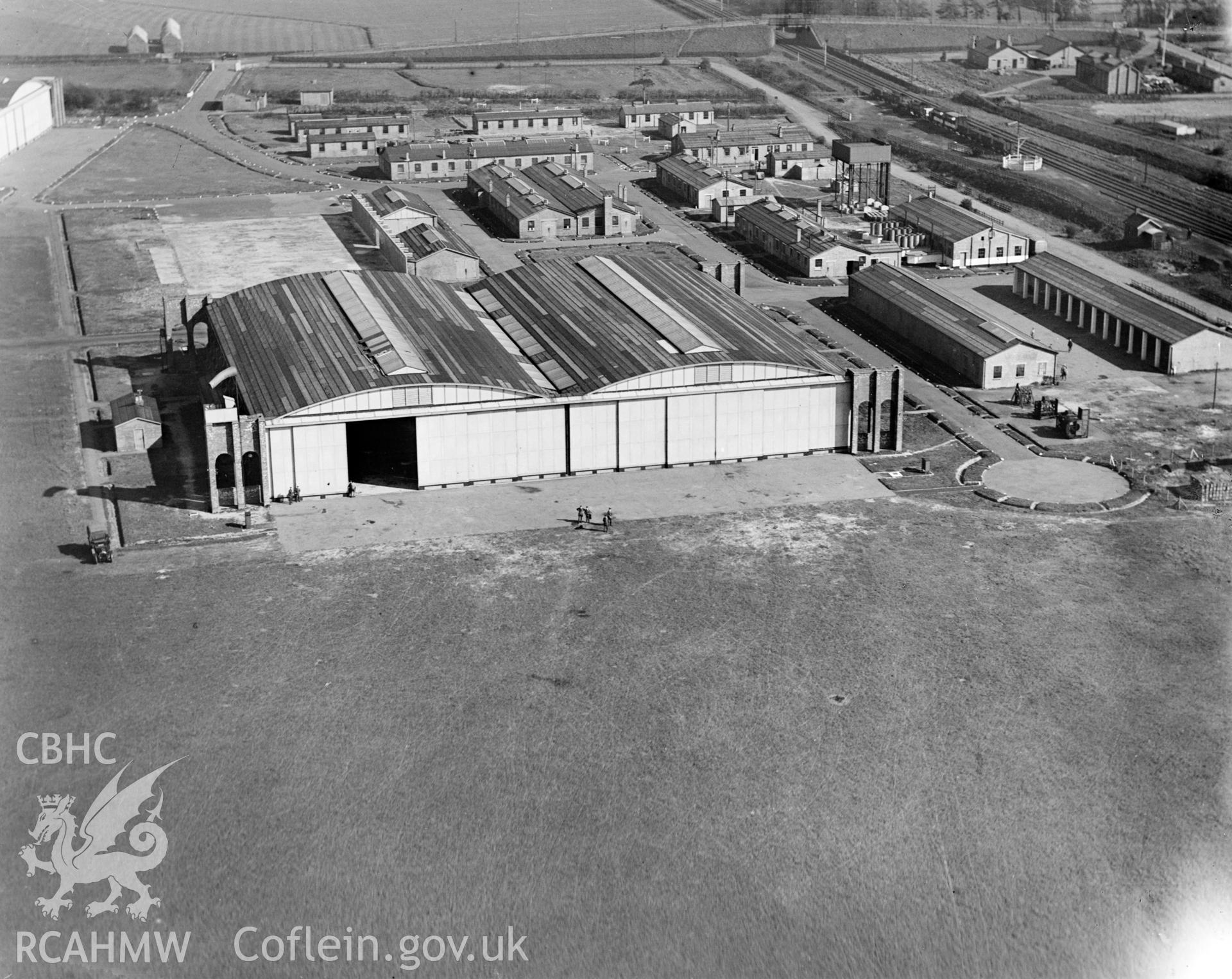 View of Shotwick Aerodrome , oblique aerial view. 5?x4? black and white glass plate negative.