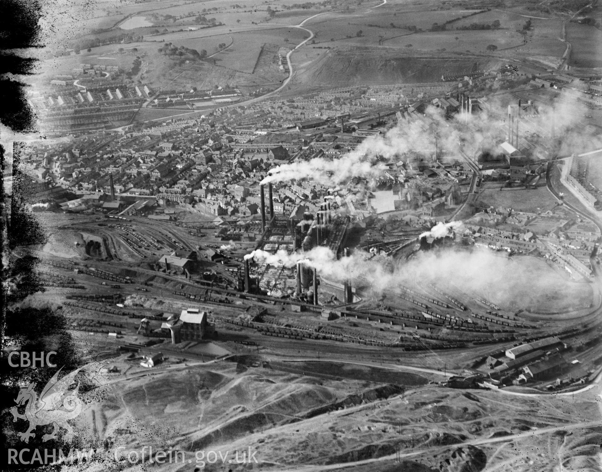 View of Guest, Keen  & Nettlefold, Dowlais Works Merthyr Tydfil, oblique aerial view. 5?x4? black and white glass plate negative.