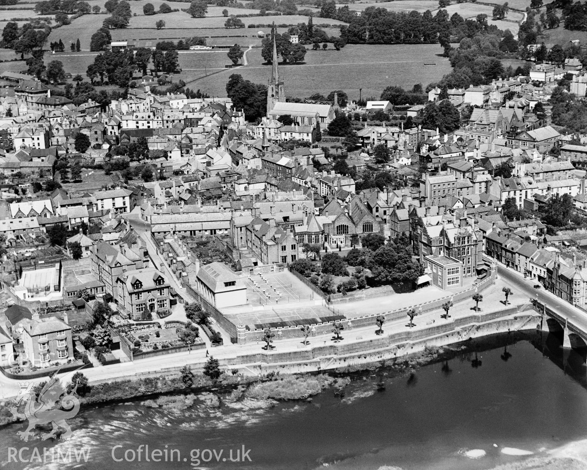 View of Monmouth showing school, oblique aerial view. 5?x4? black and white glass plate negative.