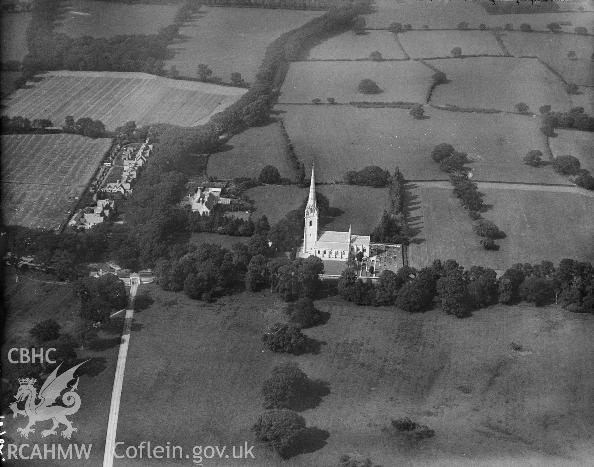 St Margarets church, Bodelwyddan, oblique aerial view. 5?x4? black and white glass plate negative.