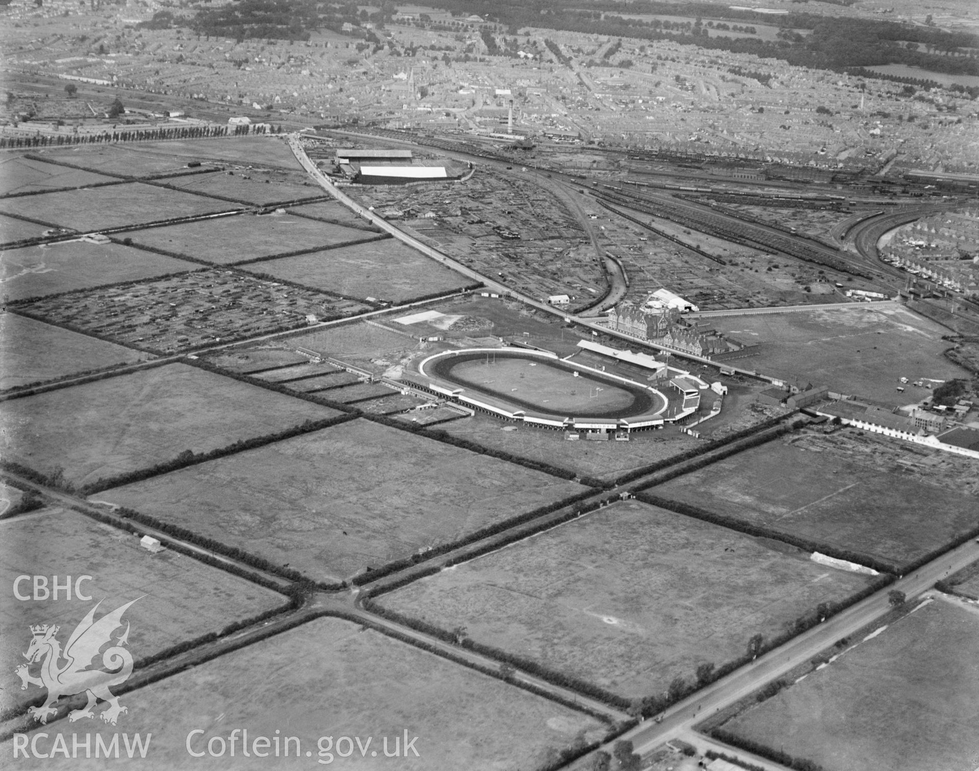 Sloper Road greyhound racing track, Cardiff, oblique aerial view. 5?x4? black and white glass plate negative.