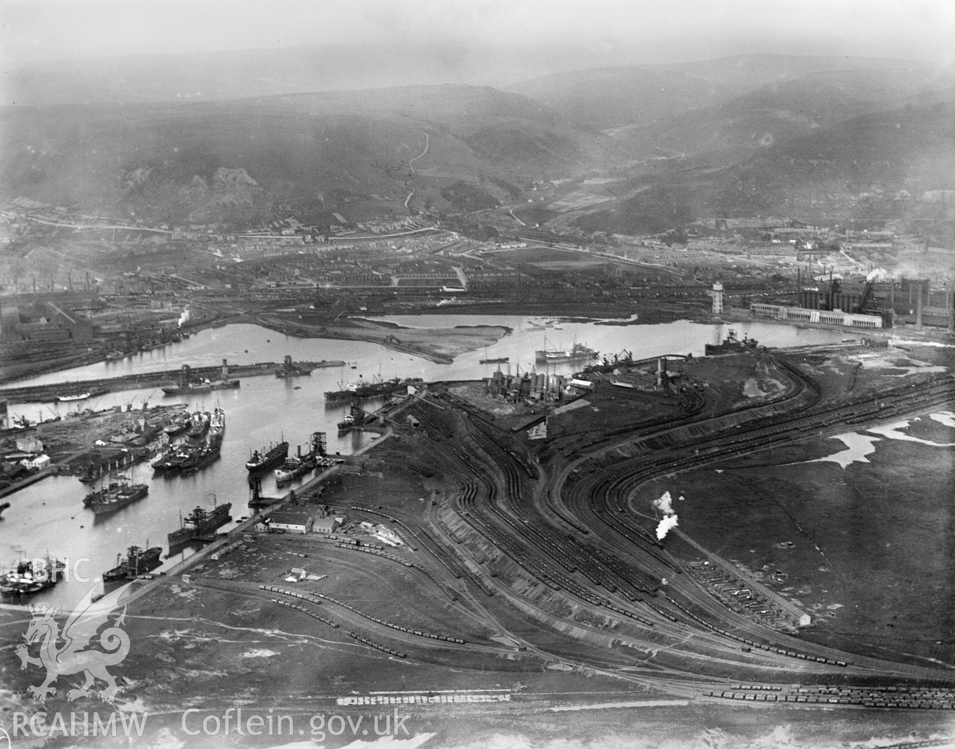 General view of Port Talbot showing docks and steelworks, oblique aerial view. 5?x4? black and white glass plate negative.
