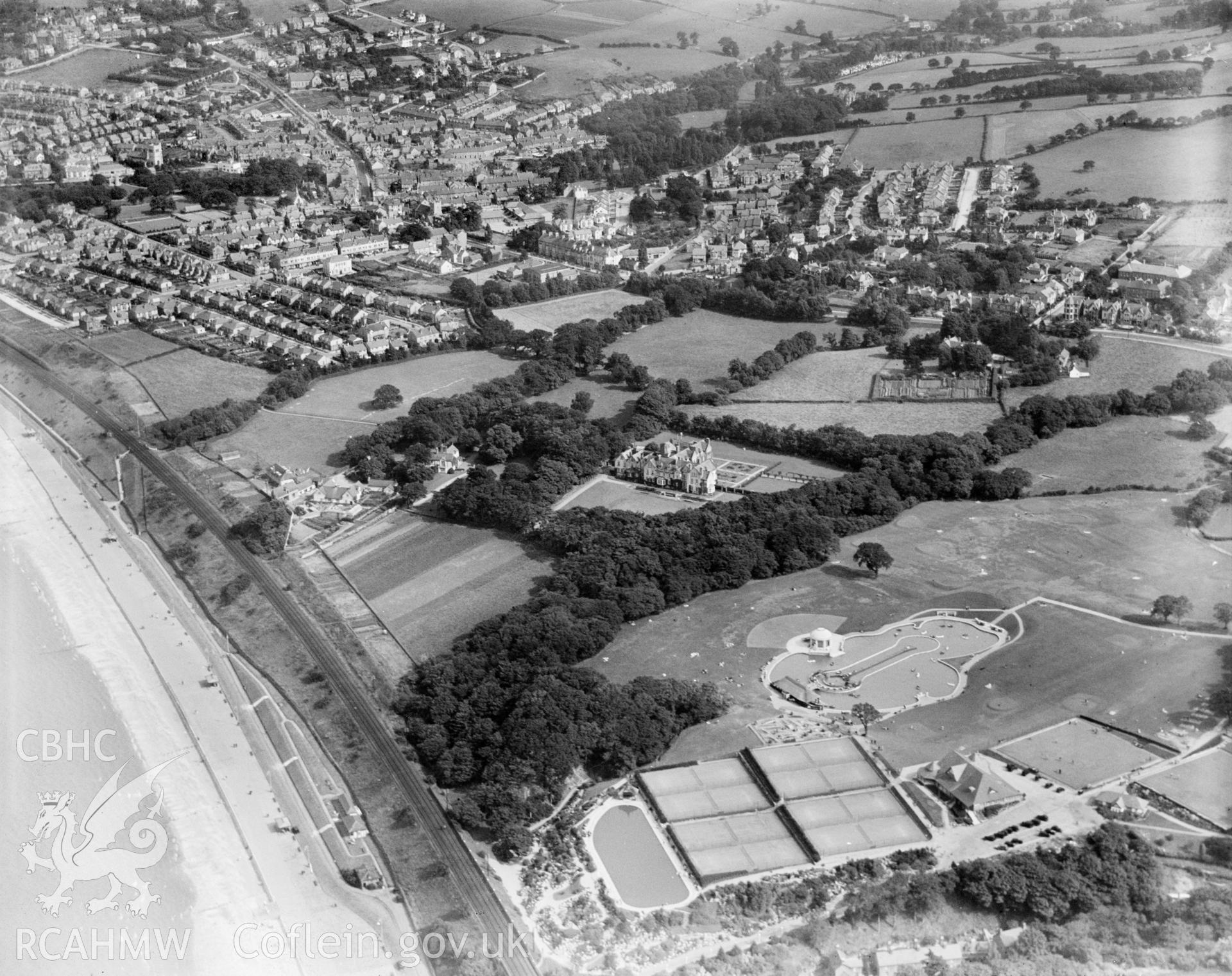 View of Colwyn Bay showing Glan-y-Don and park, oblique aerial view. 5?x4? black and white glass plate negative.