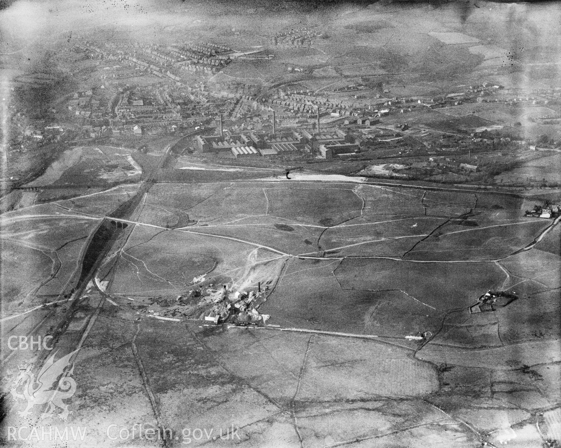 View of Clydach showing Mond Nickel Co. and Felin Fran colliery, oblique aerial view. 5?x4? black and white glass plate negative.