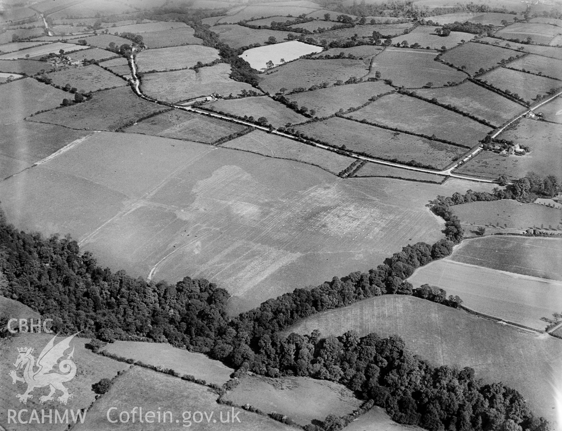 View of Rhos Uchaf aerodrome. Oblique aerial photograph, 5?x4? BW glass plate.