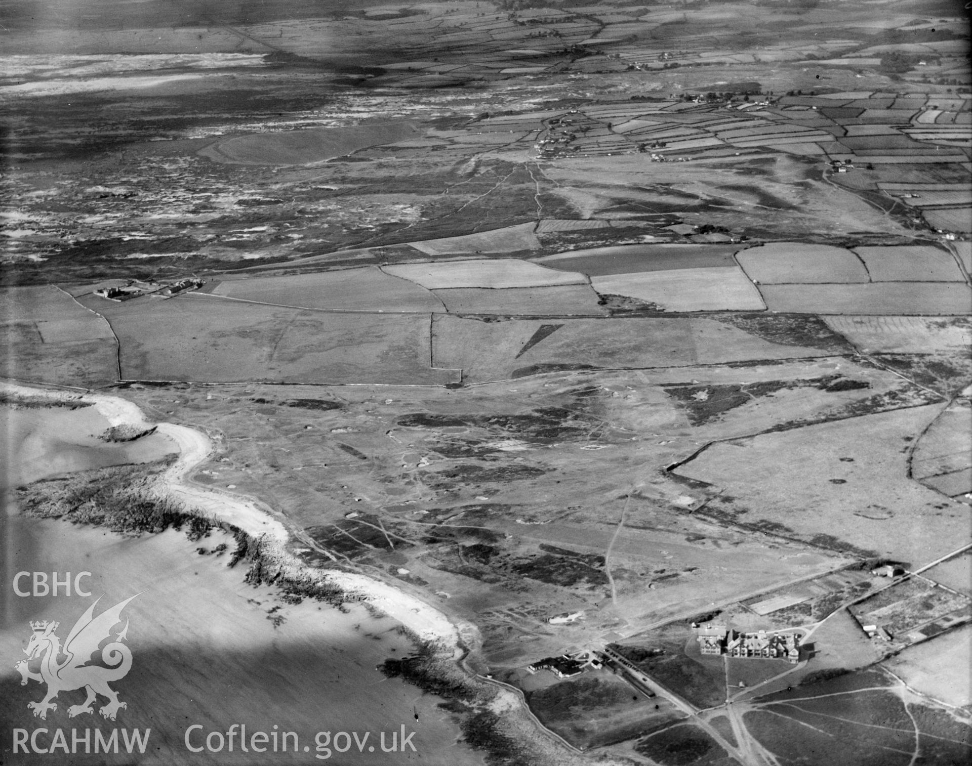 View of Ogmore-by-Sea, showing Southerndown golf course, oblique aerial view. 5?x4? black and white glass plate negative.