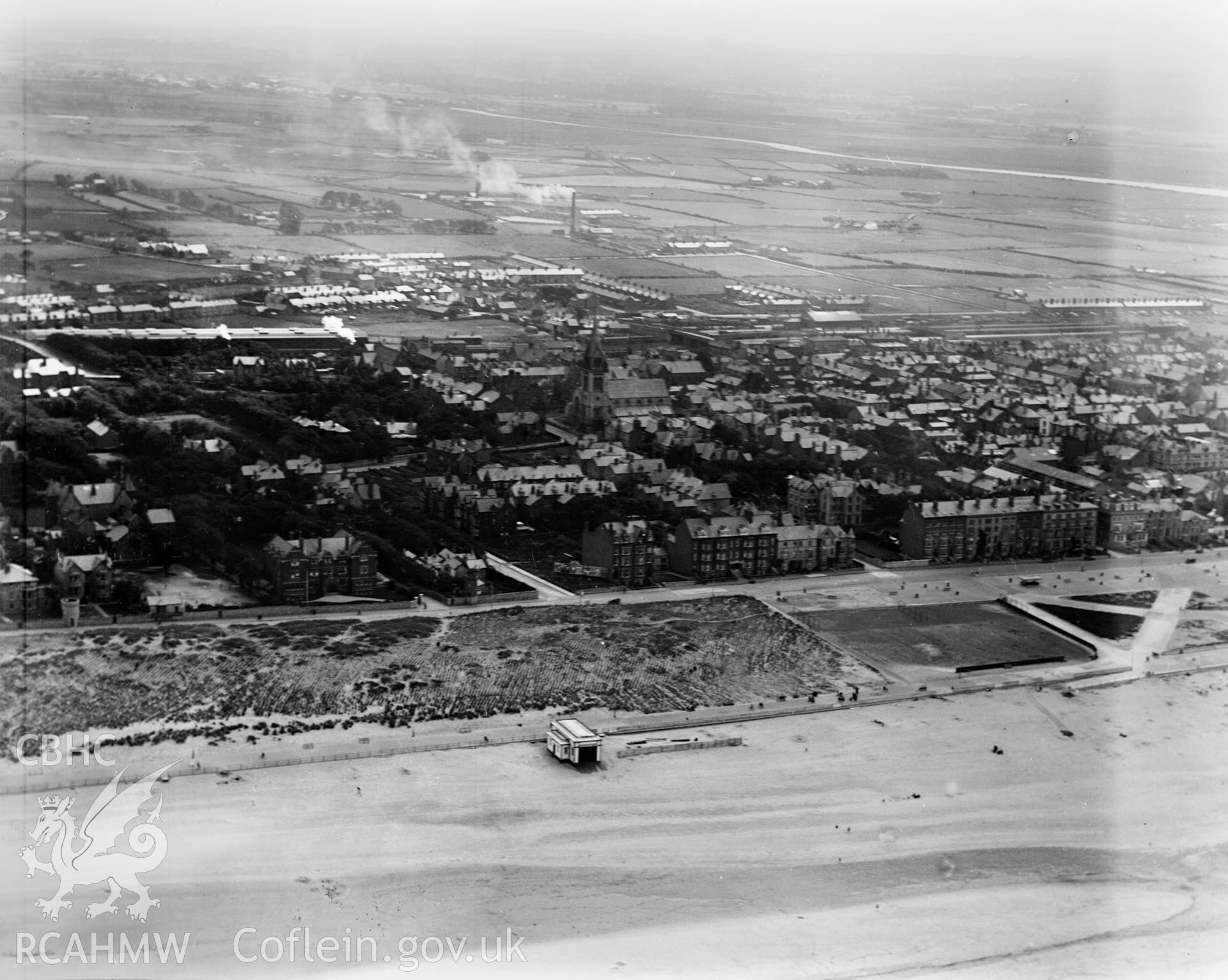 View of Rhyl showing the lifeboat station, oblique aerial view. 5?x4? black and white glass plate negative.