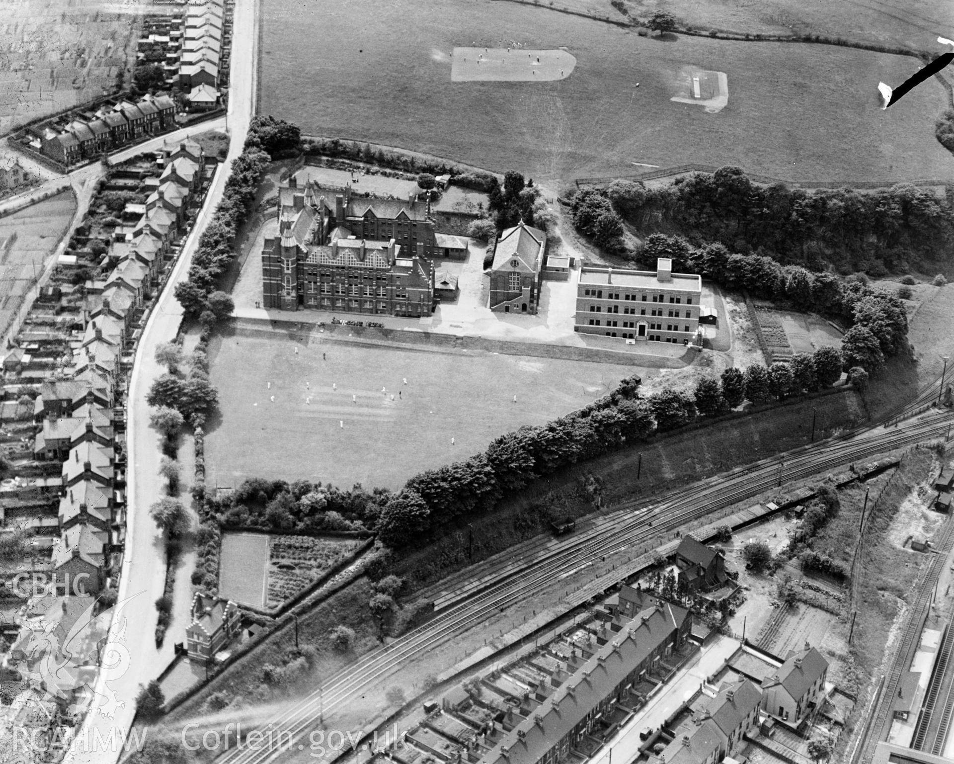 View of West Monmouth School, Pontypool, oblique aerial view. 5?x4? black and white glass plate negative.