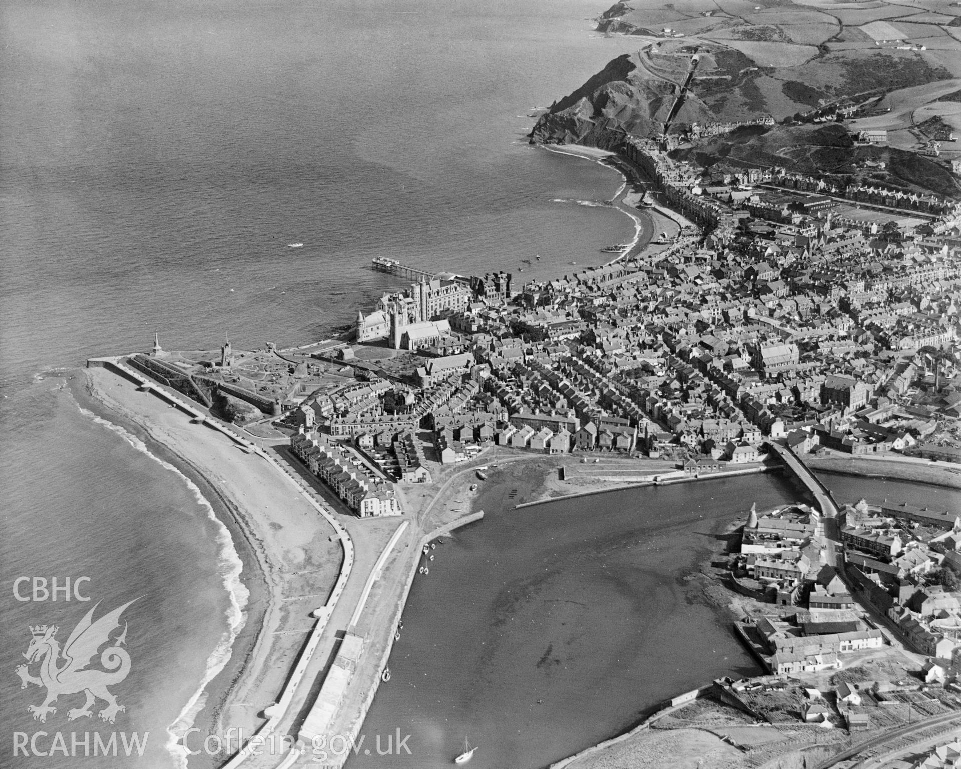 General view of Aberystwyth showing harbour, oblique aerial view. 5?x4? black and white glass plate negative.
