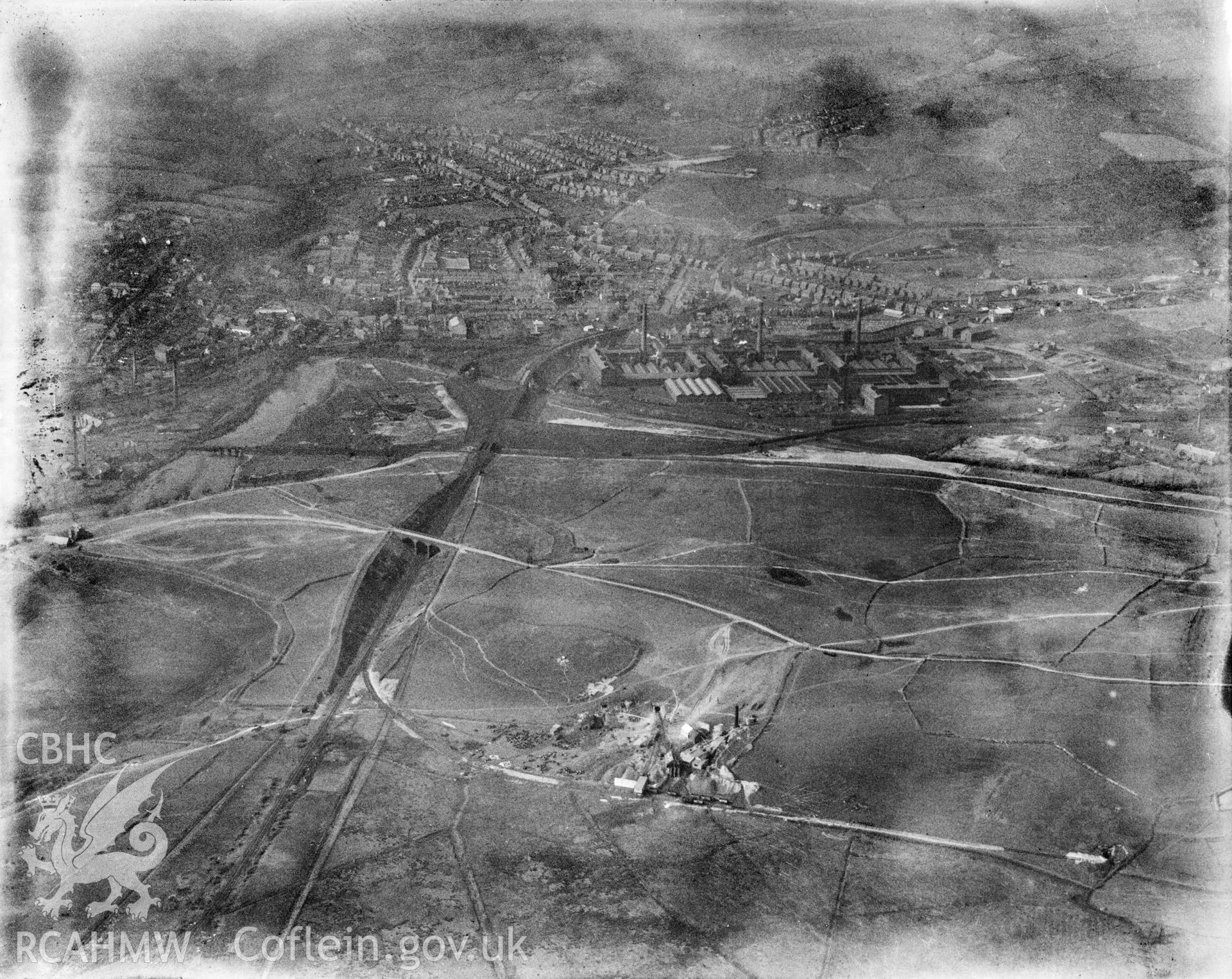 View of Clydach showing Mond Nickel Co. and Felin Fran colliery, oblique aerial view. 5?x4? black and white glass plate negative.