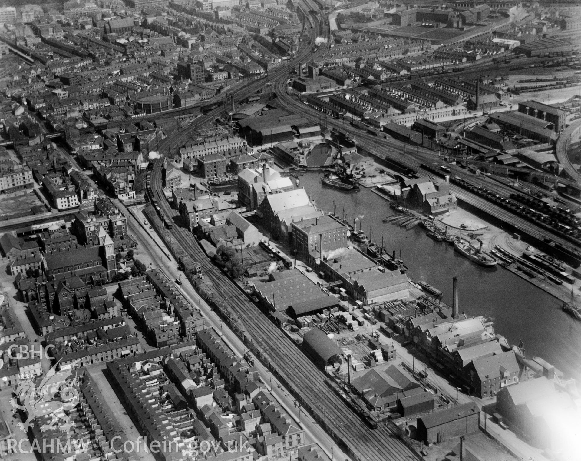 View of Bute East Dock, Cardiff showing the Spillers Factory, oblique aerial view. 5?x4? black and white glass plate negative.
