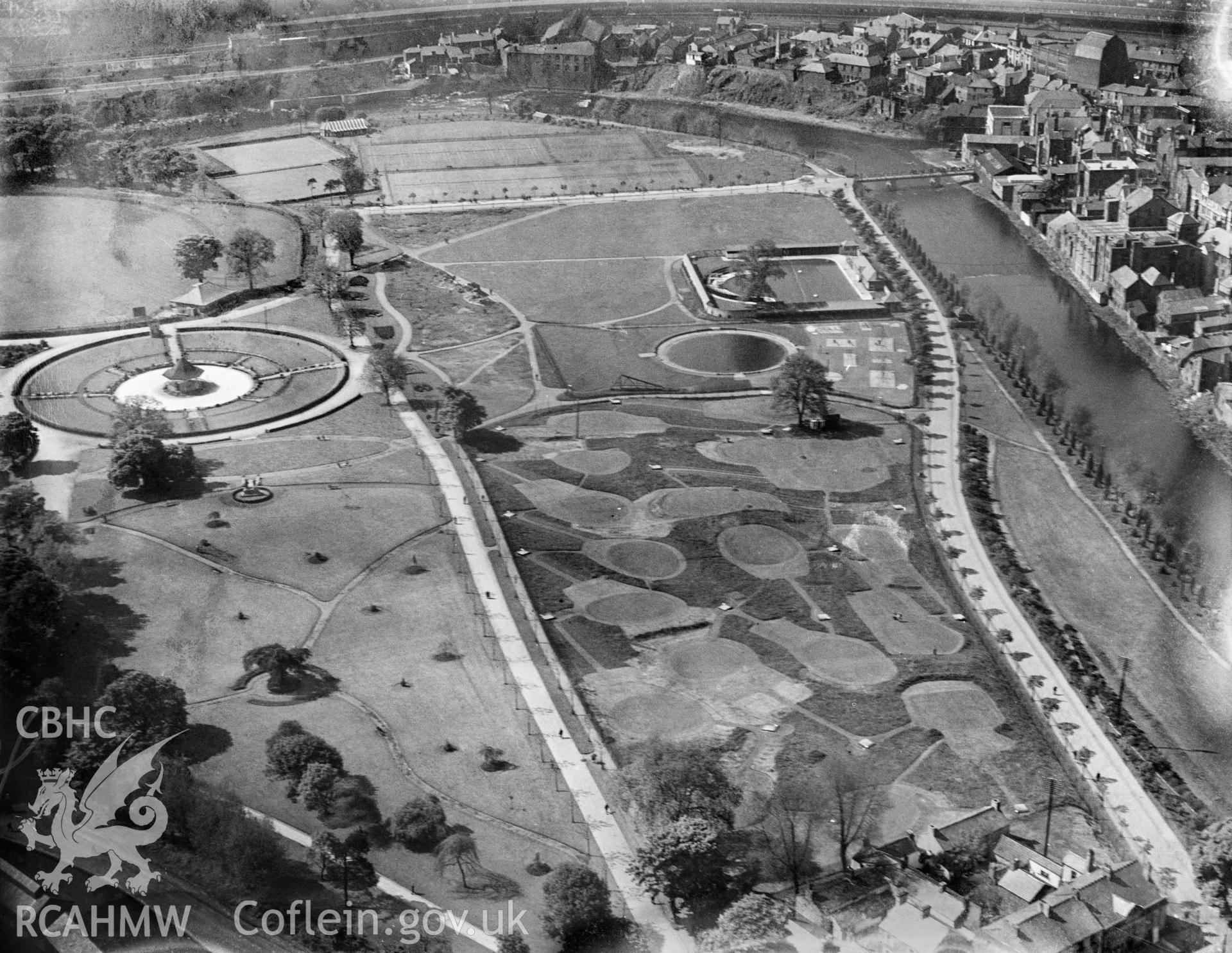 View of Ynysangharad Park and swimming pool, oblique aerial view. 5?x4? black and white glass plate negative.