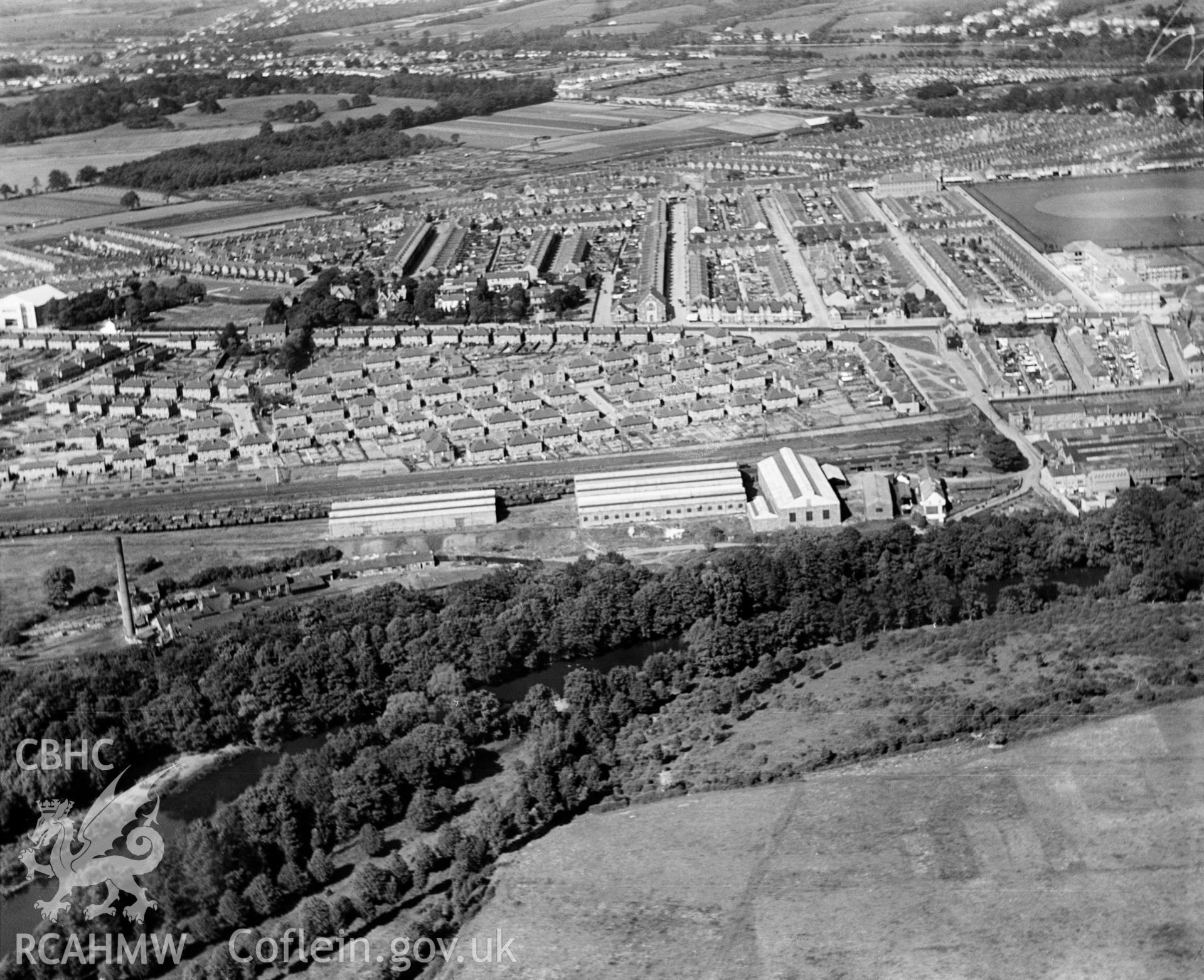 View of the Patent Fuel Works, Soap Works and  Wagon Works, Gabalfa, Cardiff, oblique aerial view. 5?x4? black and white glass plate negative.
