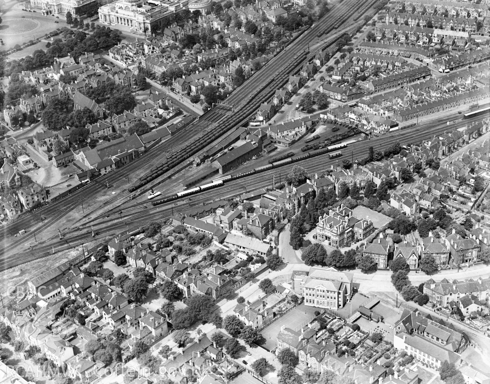 View of central Cardiff, showing Heathfield House catholic schools, Mansion House and the Prince of Wales hospital, oblique aerial view. 5?x4? black and white glass plate negative.