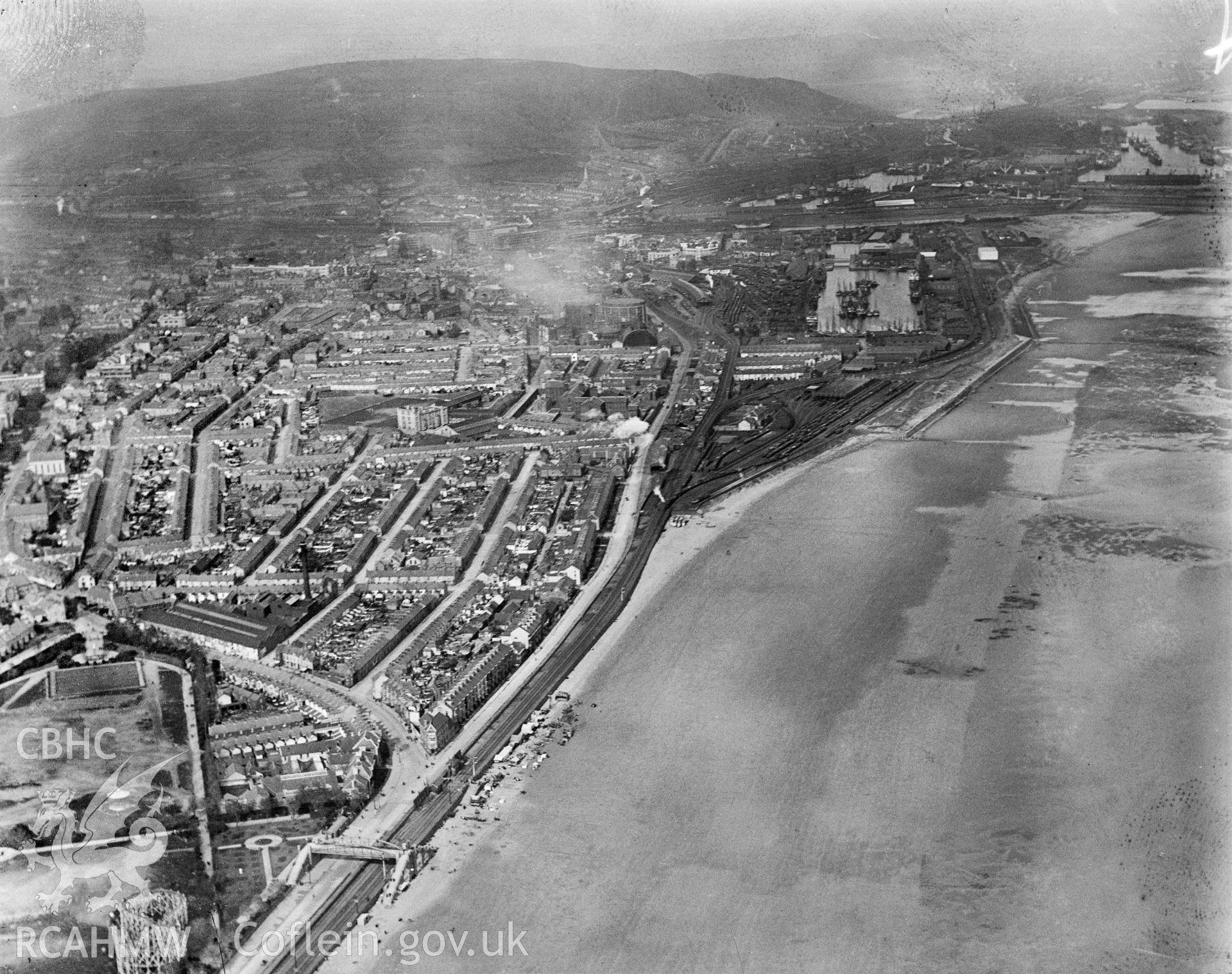 View of Swansea showing Swansea and Mumbles railway and Victoria Park, oblique aerial view. 5?x4? black and white glass plate negative.