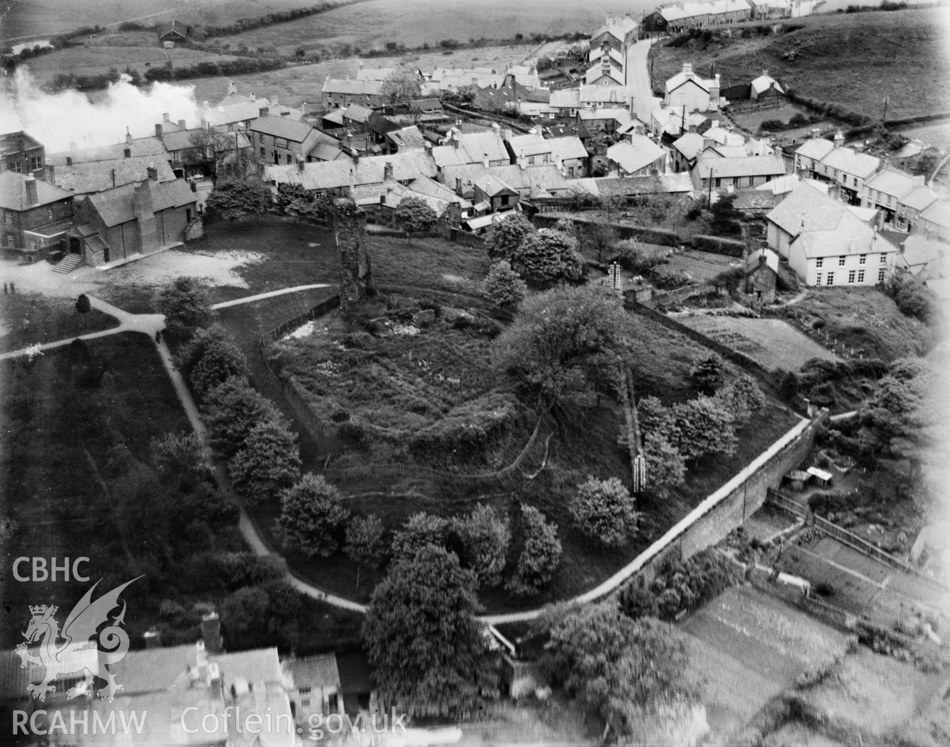 View of Llantrisant showing castle, oblique aerial view. 5?x4? black and white glass plate negative.