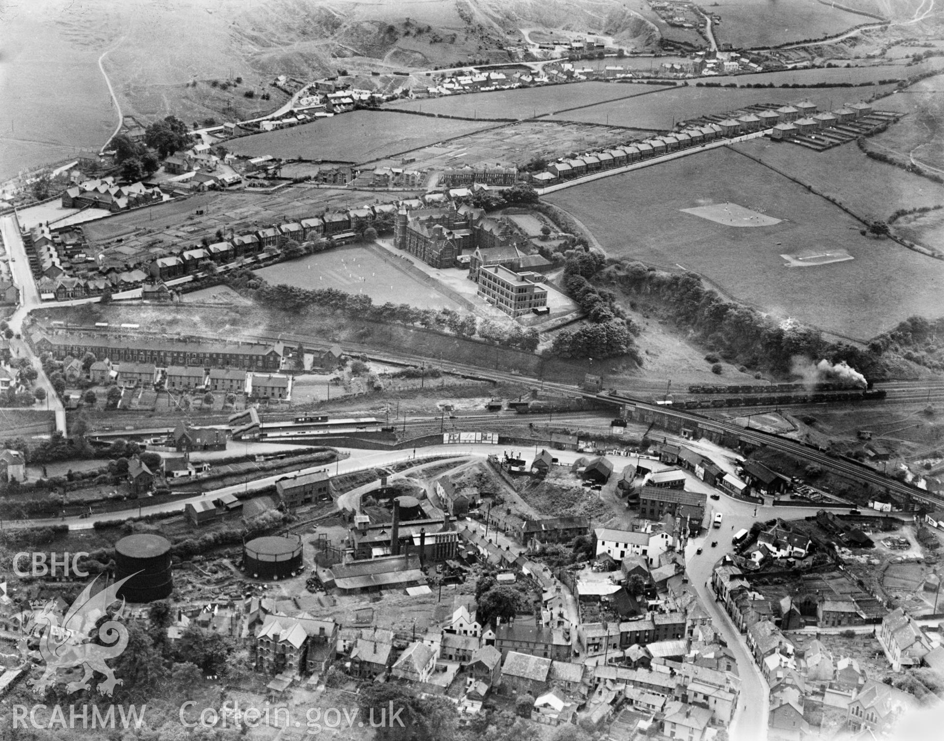 View of West Monmouth School, Pontypool, oblique aerial view. 5?x4? black and white glass plate negative.