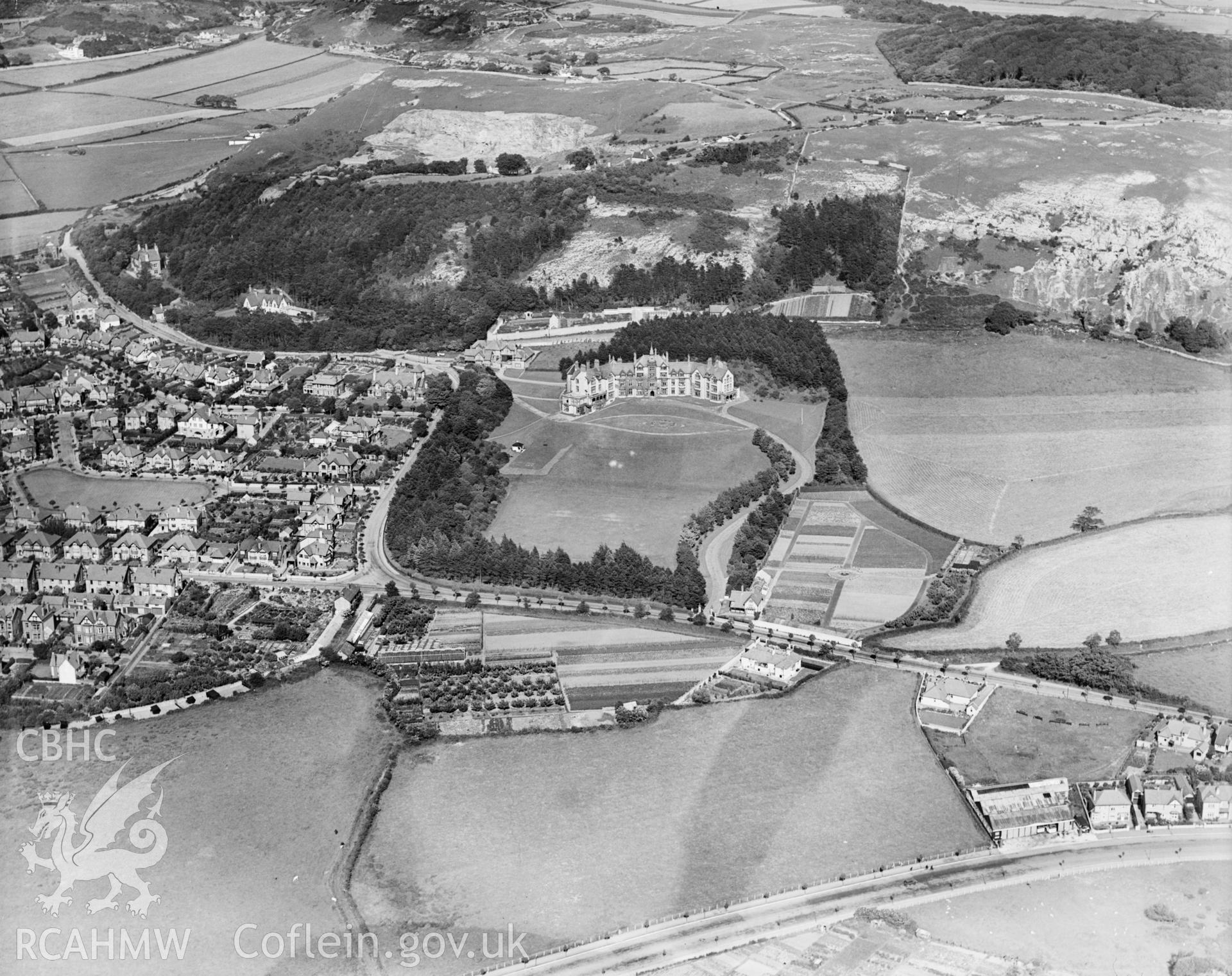 View of Lady Forester Convalescent Home and gardens, Llandudno, oblique aerial view. 5?x4? black and white glass plate negative.