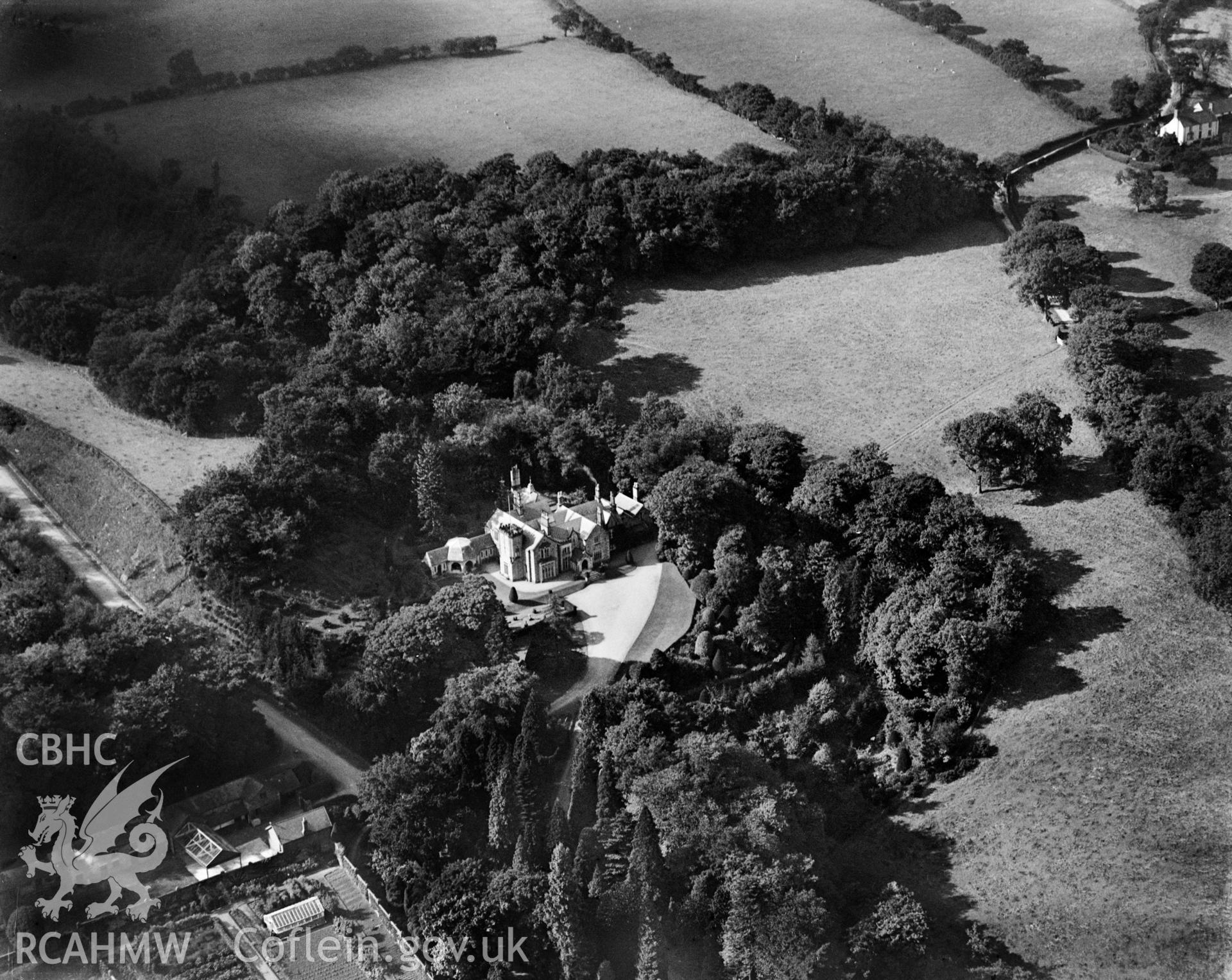 View of Bronwylfa Hall, oblique aerial view. 5?x4? black and white glass plate negative.