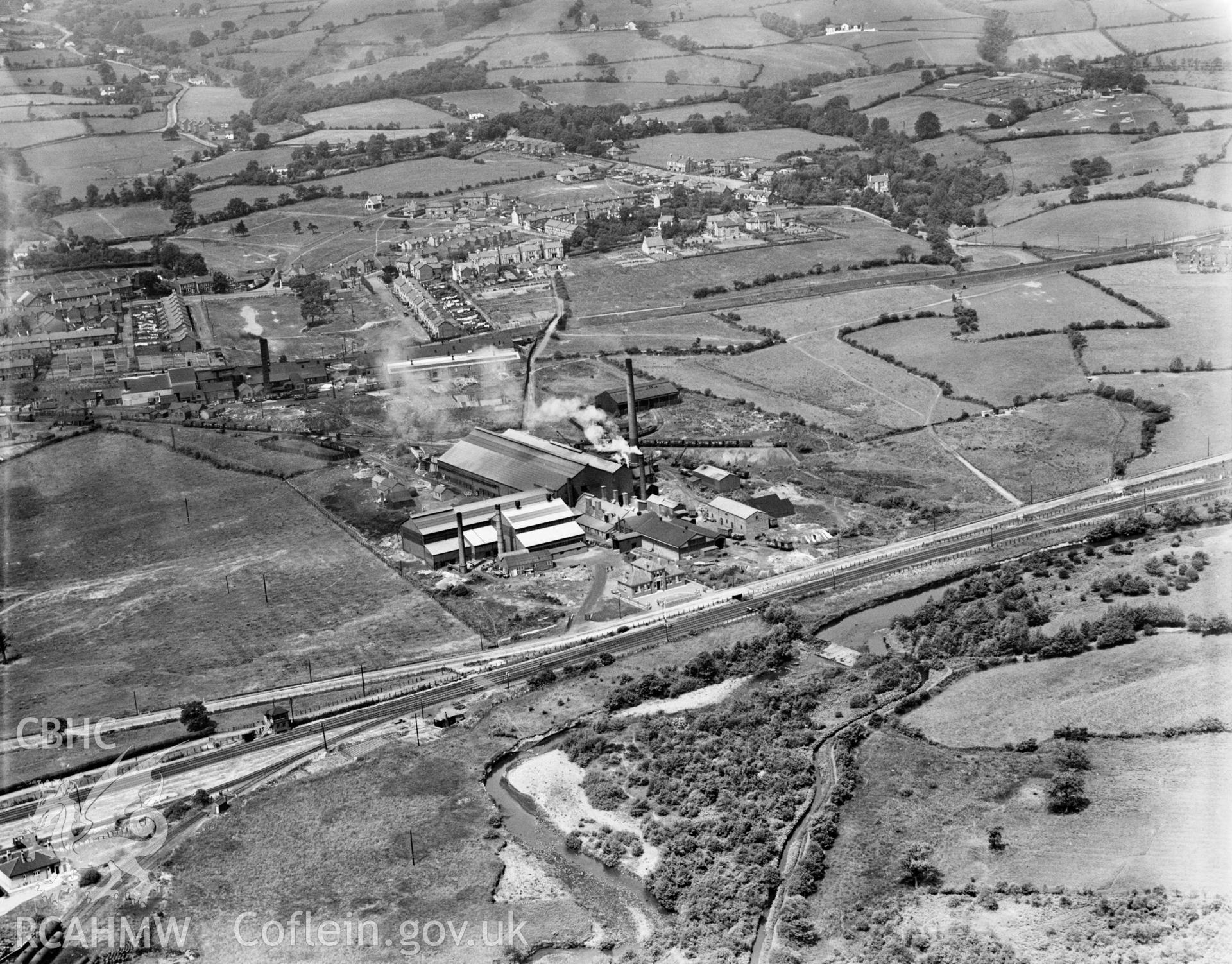 View of Avondale Tinplate Co., Pontnewydd, oblique aerial view. 5?x4? black and white glass plate negative.