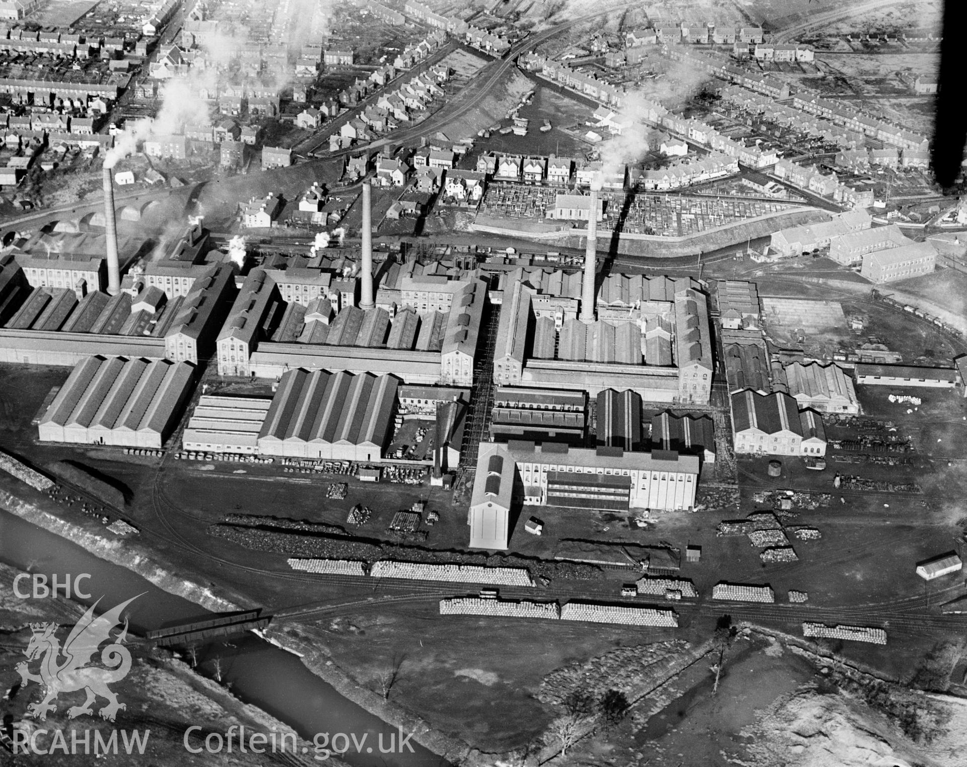 View of Mond Nickel Works, Clydach, Swansea, oblique aerial view. 5?x4? black and white glass plate negative.