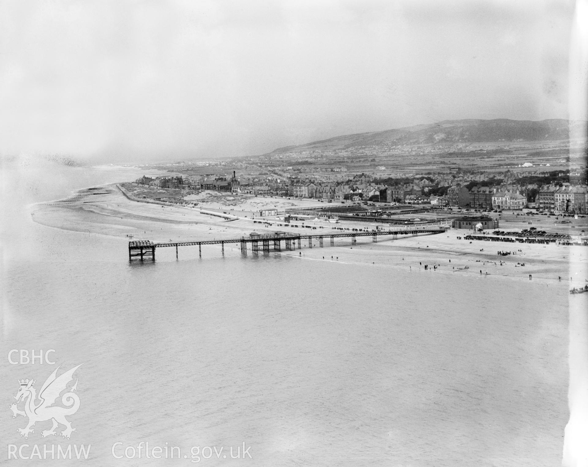View of Rhyl showing pier, oblique aerial view. 5?x4? black and white glass plate negative.