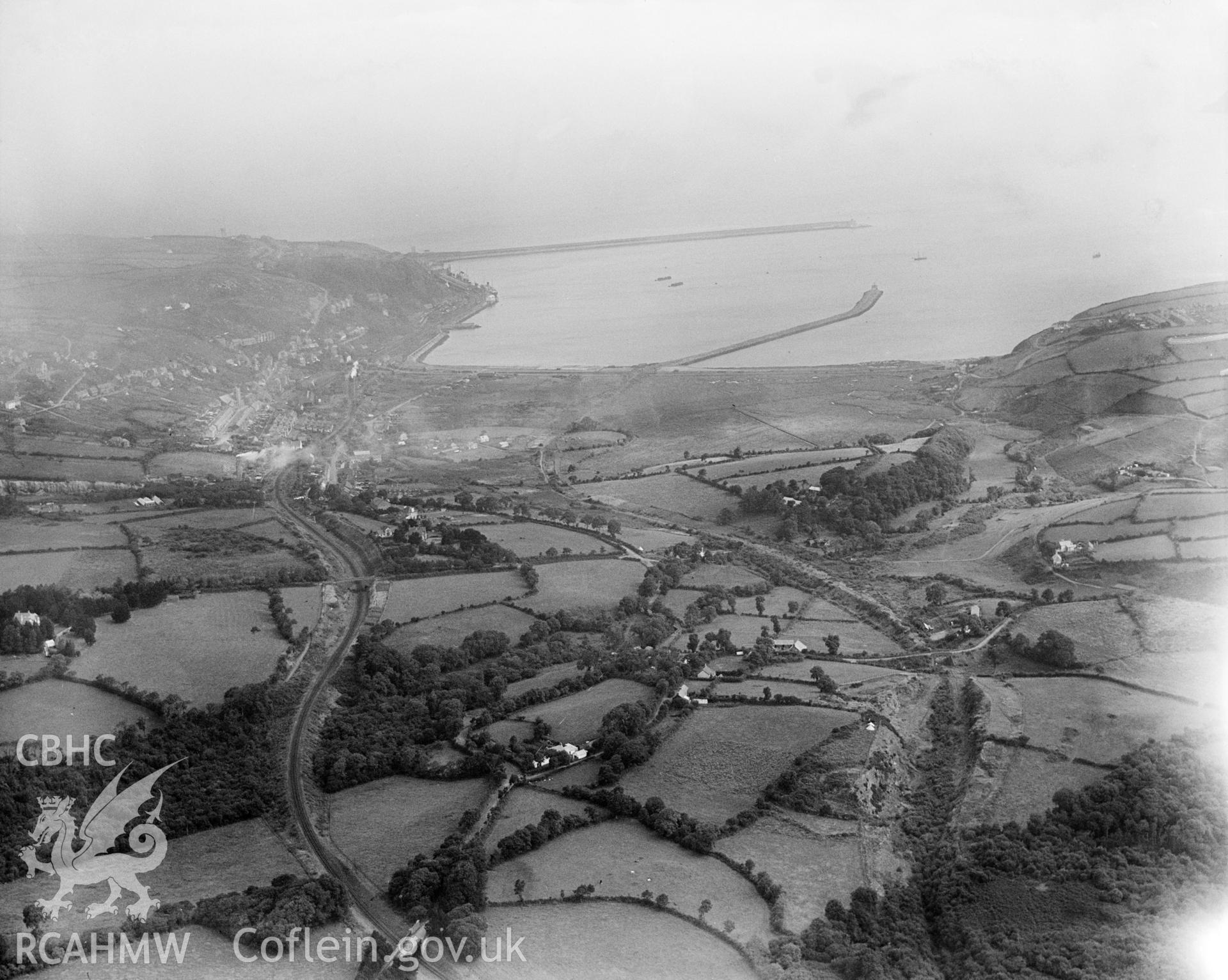 Distant view of Fishguard, oblique aerial view. 5?x4? black and white glass plate negative.