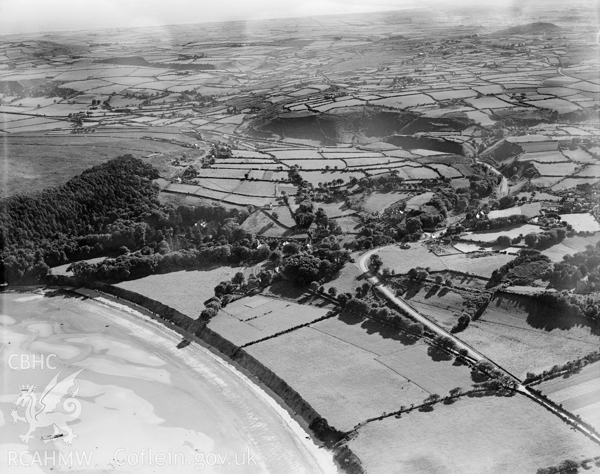 View of landscape near Llanbedrog, oblique aerial view. 5?x4? black and white glass plate negative.