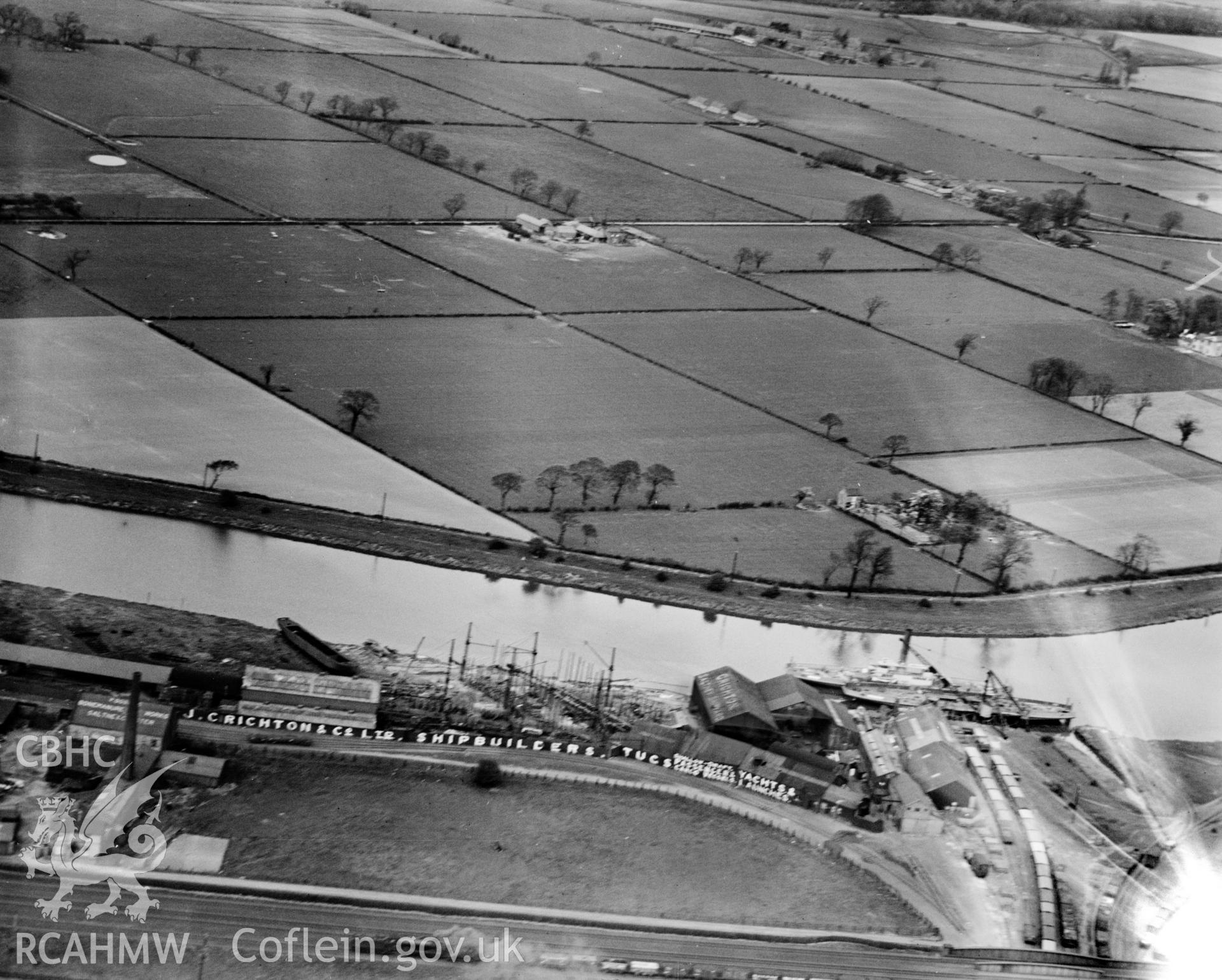 View of Crichton's shipyard, Saltney, oblique aerial view. 5?x4? black and white glass plate negative.