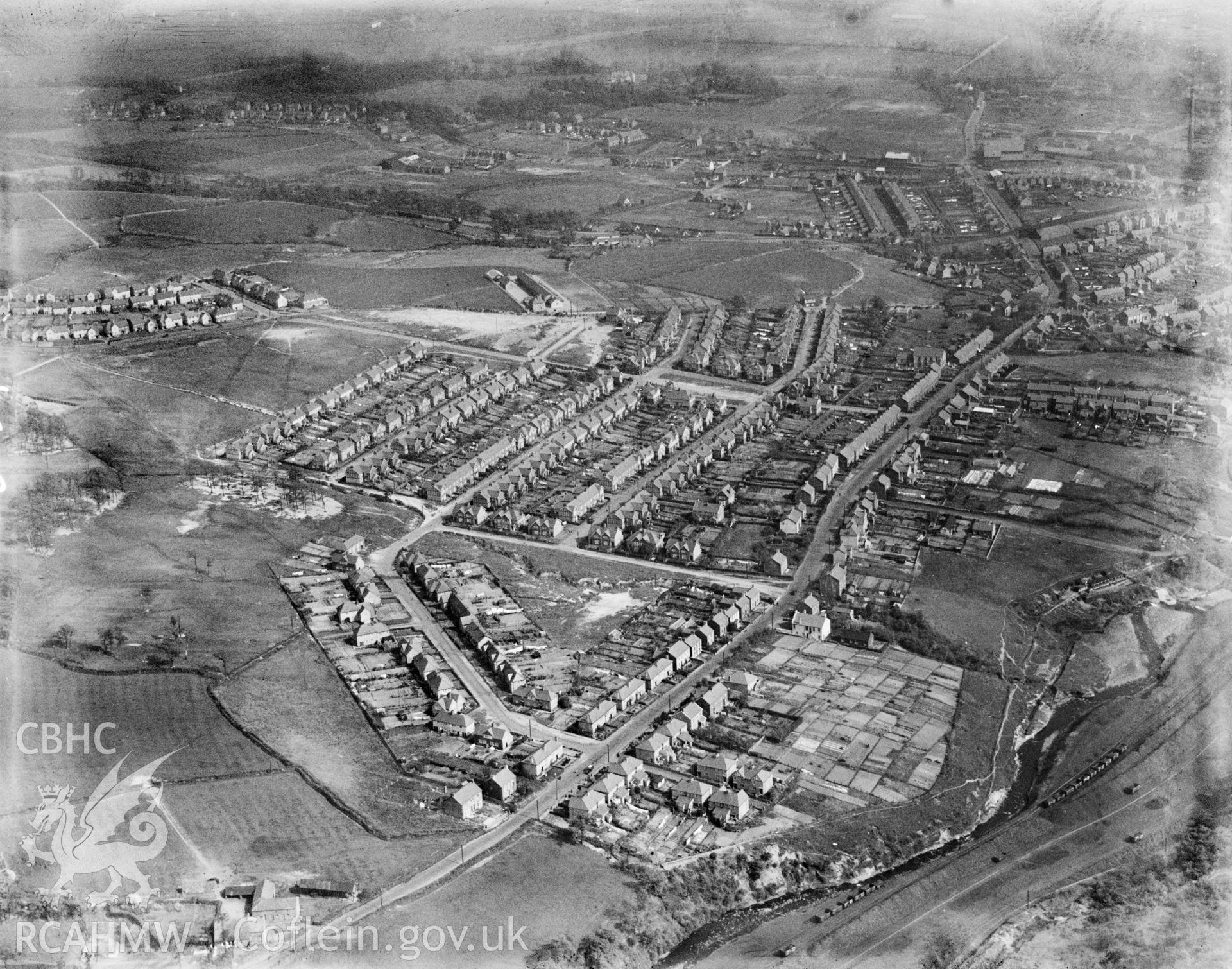 View of Clydach showing 1930's housing estate, oblique aerial view. 5?x4? black and white glass plate negative.