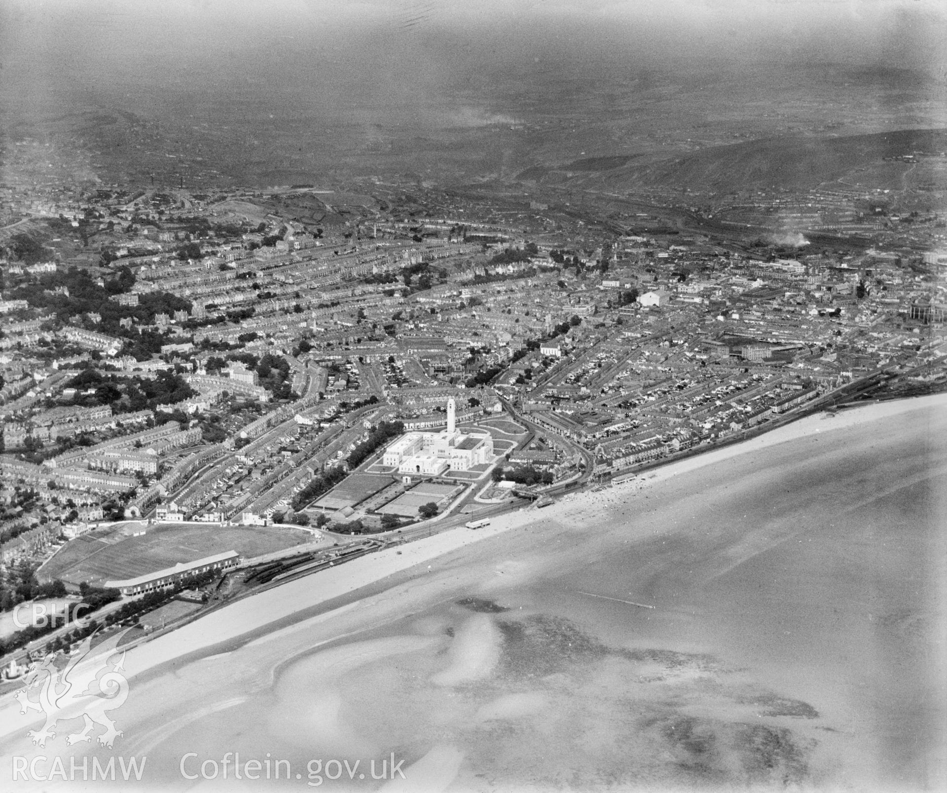 Distant view of Swansea, oblique aerial view. 5?x4? black and white glass plate negative.