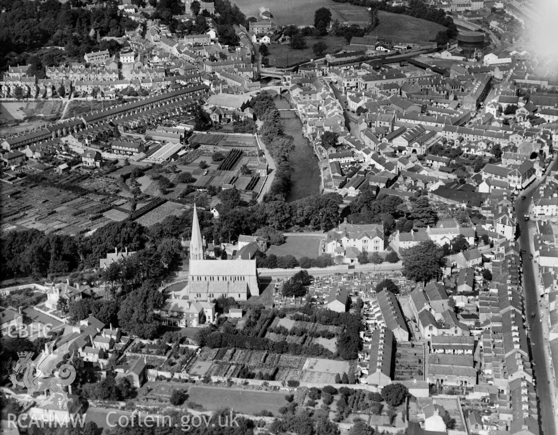 St Marys church, Bridgend, oblique aerial view. 5?x4? black and white glass plate negative.