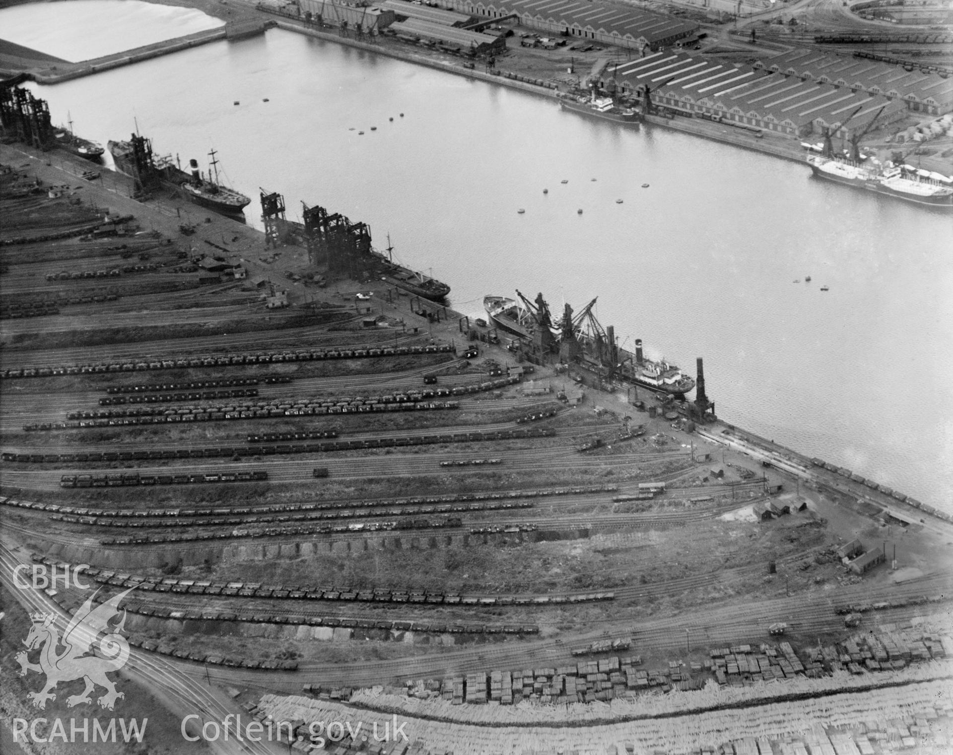 Railway sidings, dockside, Cardiff, oblique aerial view. 5?x4? black and white glass plate negative.