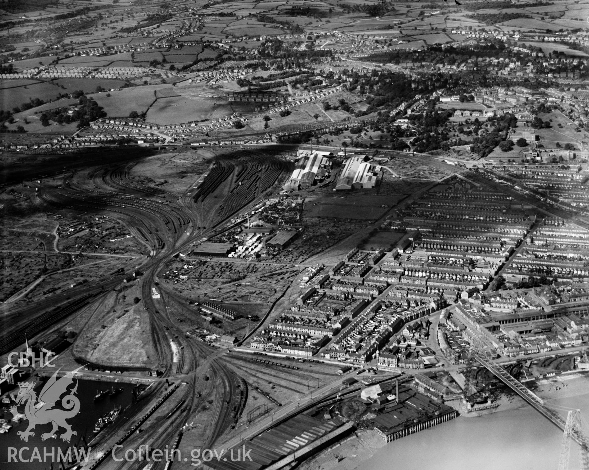 General view of Newport showing docks, oblique aerial view. 5?x4? black and white glass plate negative.