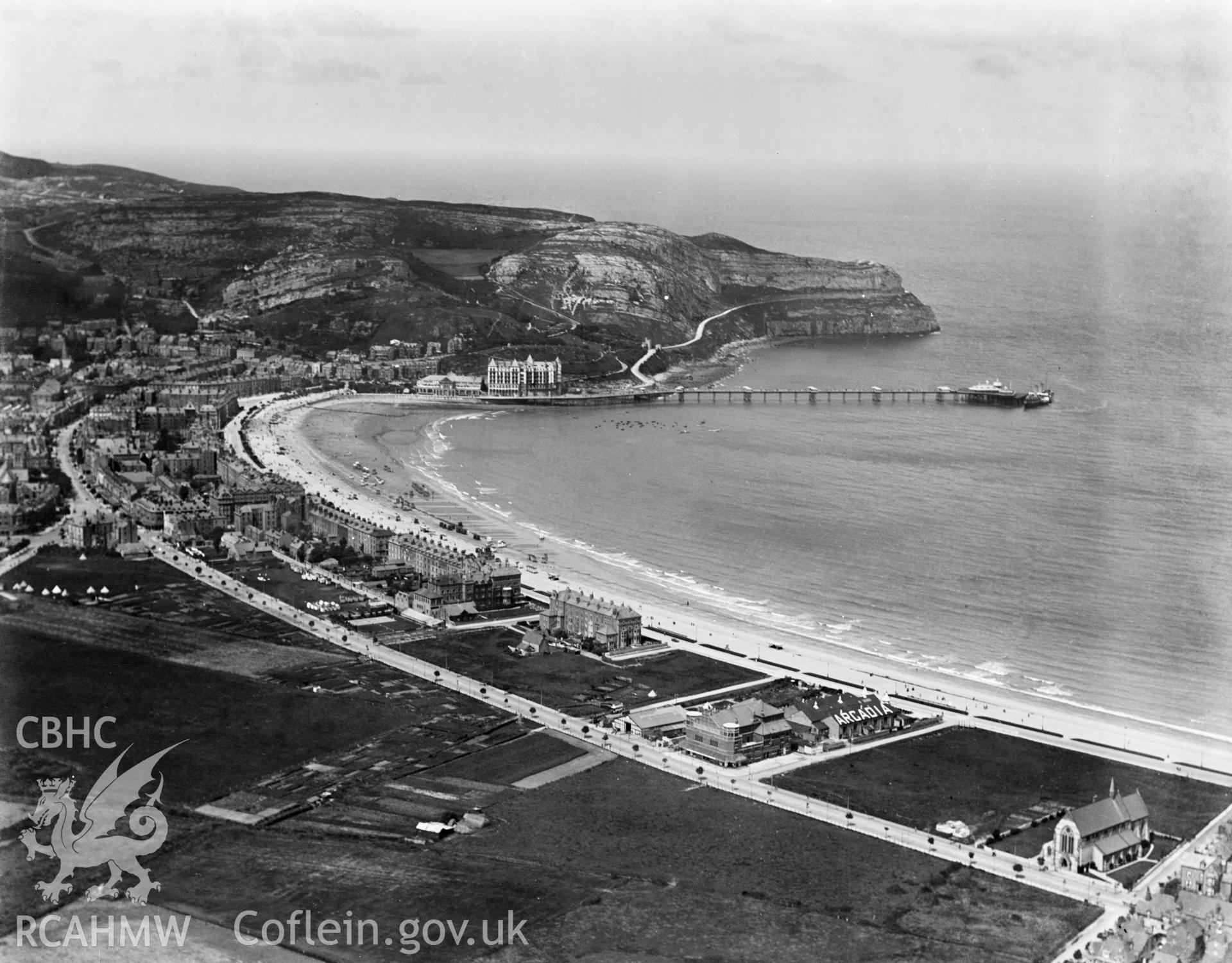 View of Llandudno showing Arcadia theatre, oblique aerial view. 5?x4? black and white glass plate negative.