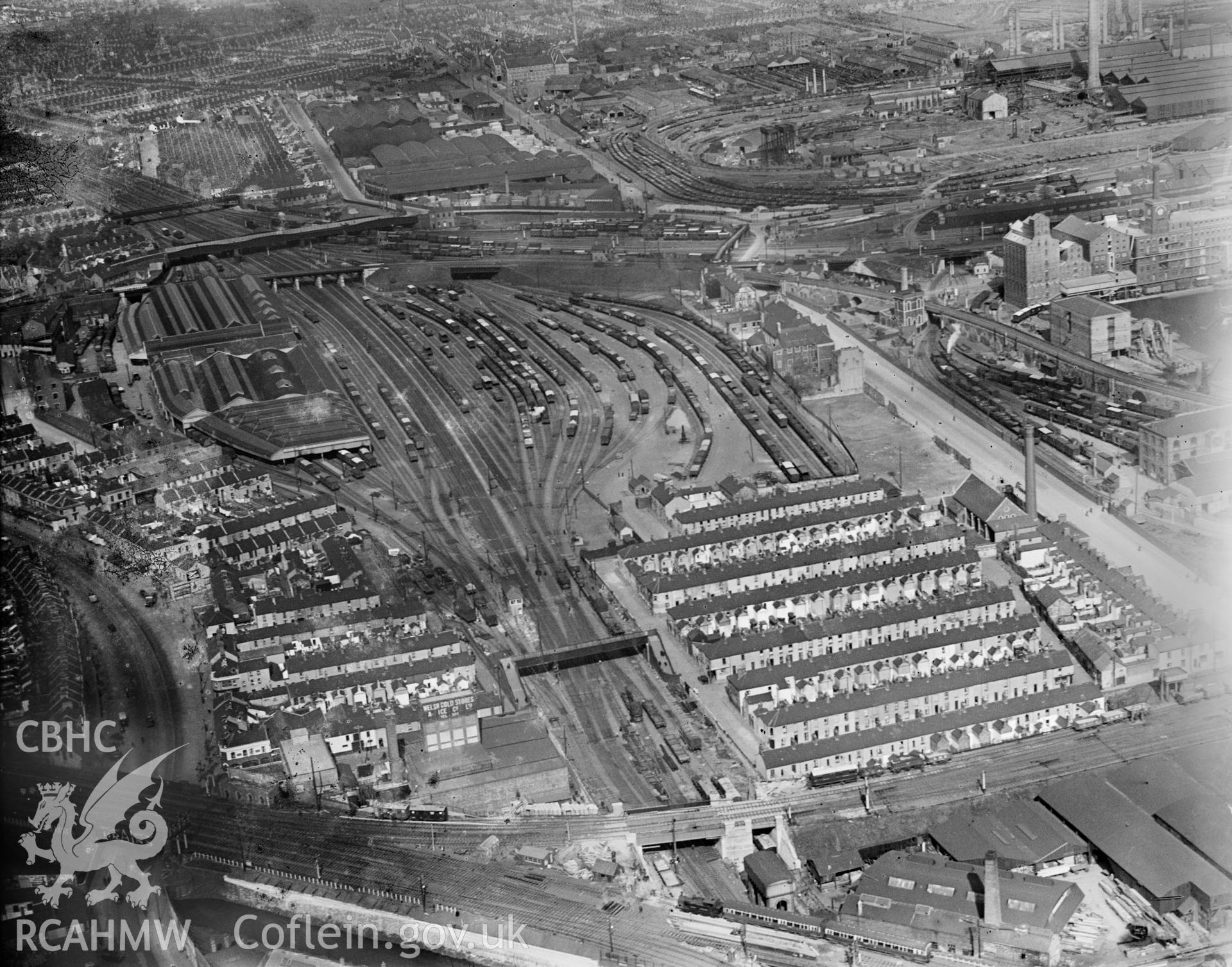 View of Robinson David timber company, Cardiff, oblique aerial view. 5?x4? black and white glass plate negative.