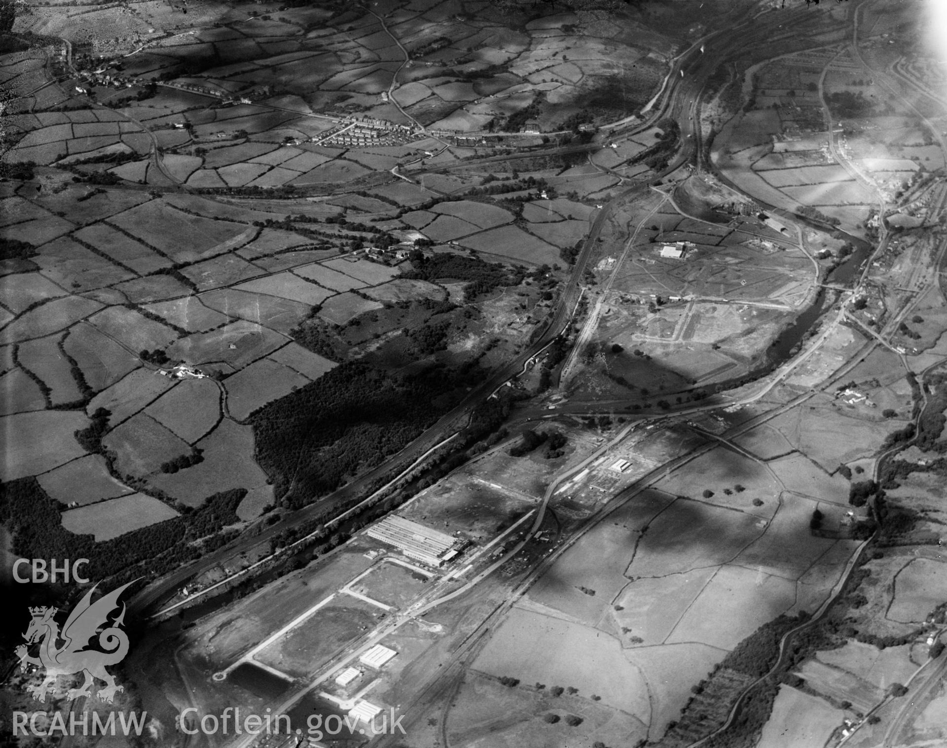 View of site of Treforest Industrial Estate prior to construction, oblique aerial view. 5?x4? black and white glass plate negative.