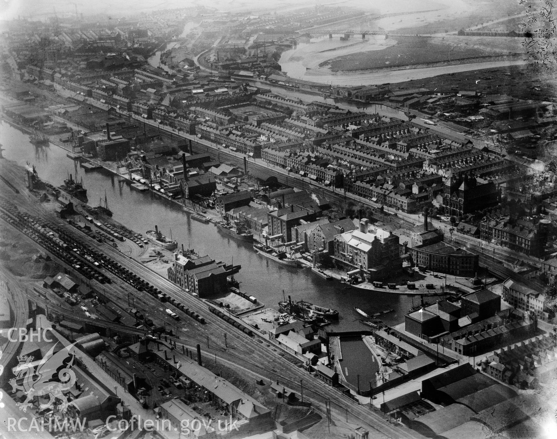 View of Bute East Dock, Cardiff showing the Spillers Factory, oblique aerial view. 5?x4? black and white glass plate negative.