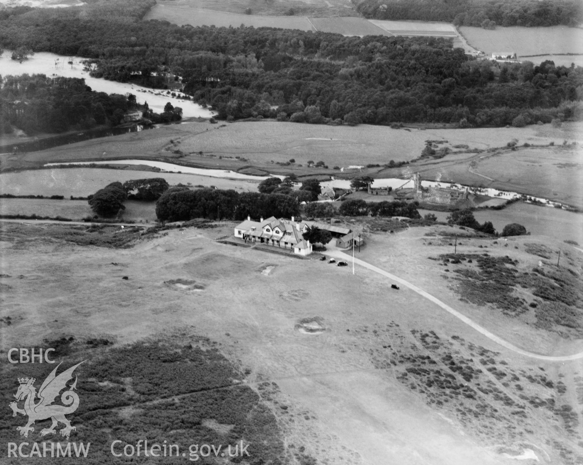 View of Ogmore-by-Sea, showing Southerndown golf course, oblique aerial view. 5?x4? black and white glass plate negative.