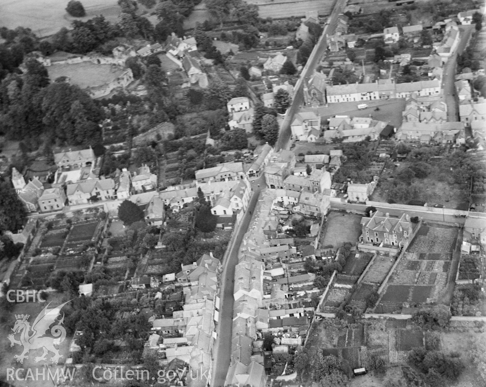 General view of Usk, oblique aerial view. 5?x4? black and white glass plate negative.