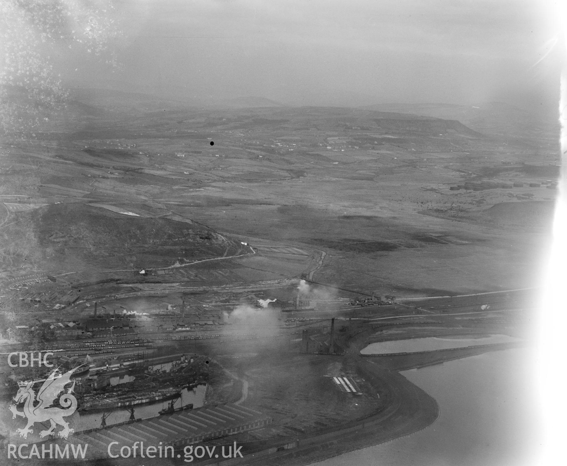 View of Swansea showing King's dock, oblique aerial view. 5?x4? black and white glass plate negative.