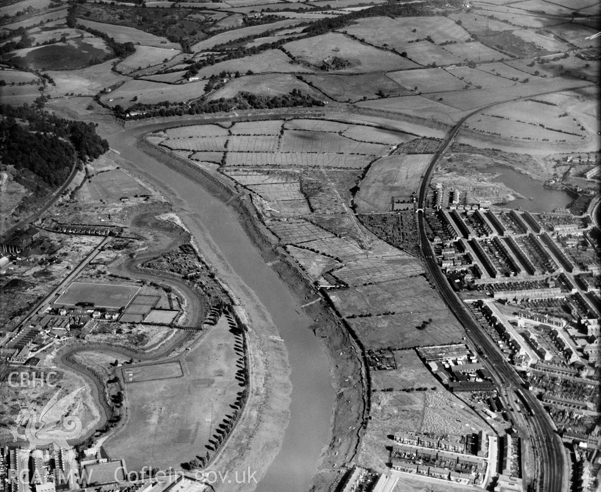View of Shaftesbury area of Newport showing river, park, allotments and sports ground, oblique aerial view. 5?x4? black and white glass plate negative.