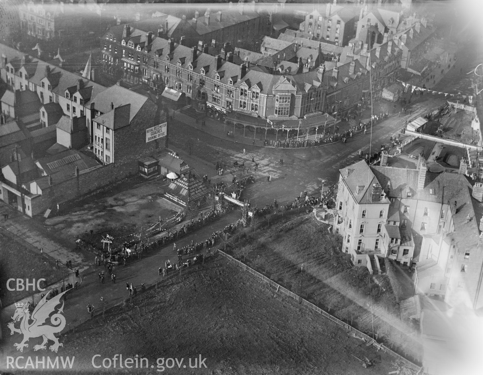 Llandudno streets taken during the visit of the Prince of Wales (later Edward VIII) in November 1923, oblique aerial view. 5?x4? black and white glass plate negative.